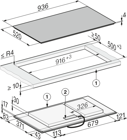 Technische Zeichnung mit Maßen für eine Kochfläche: 936x520 mm. Einbauausschnitt: 916x500 mm.