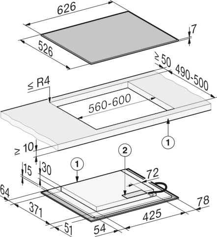 Diagramm mit Maßen für eine Kochfeldinstallation. Enthält Maße für Ausschnitt und Gerätegröße.