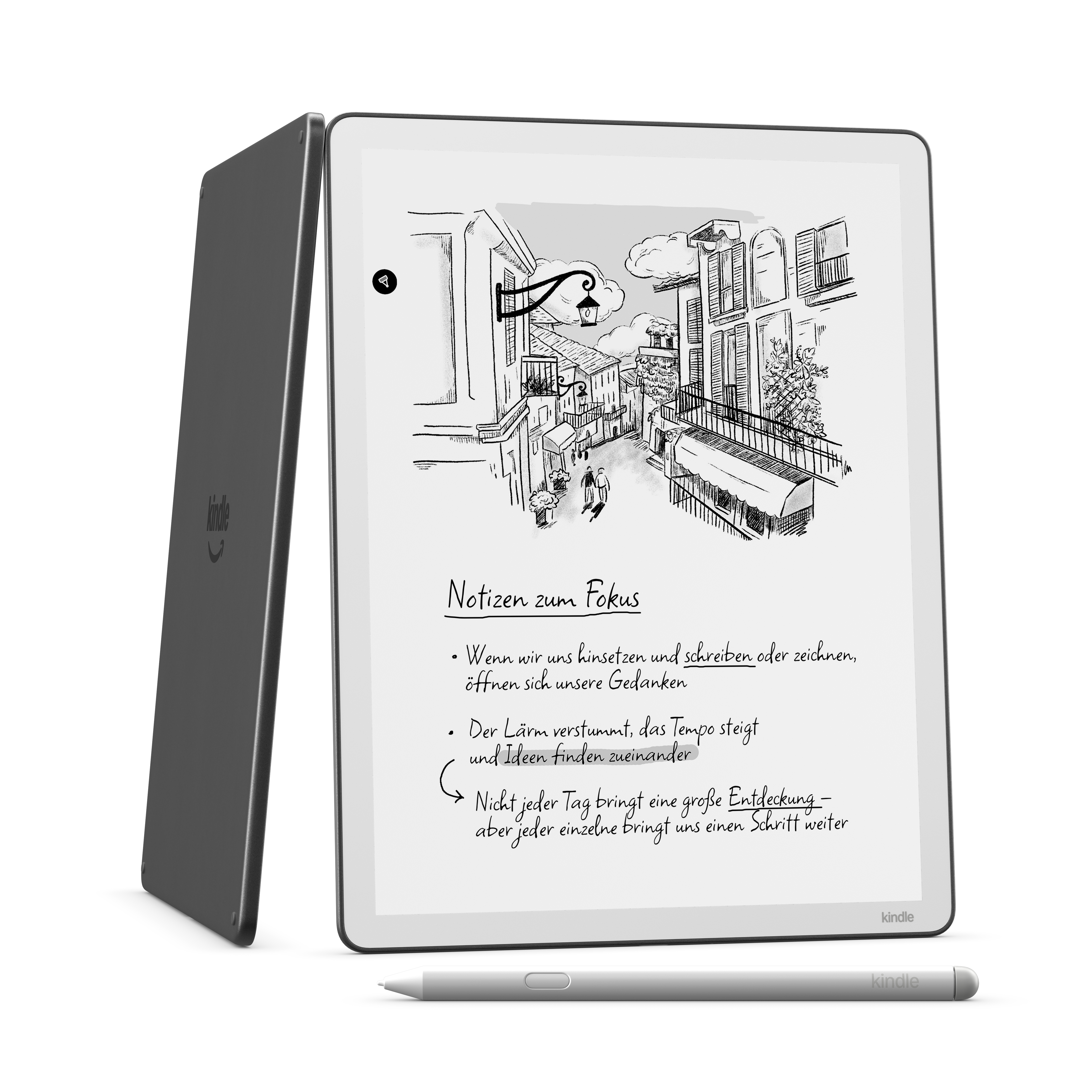 Ein dunkles E-Reader-Gerät mit Stift daneben. Der Bildschirm zeigt eine Skizze einer Gasse und Notizen.