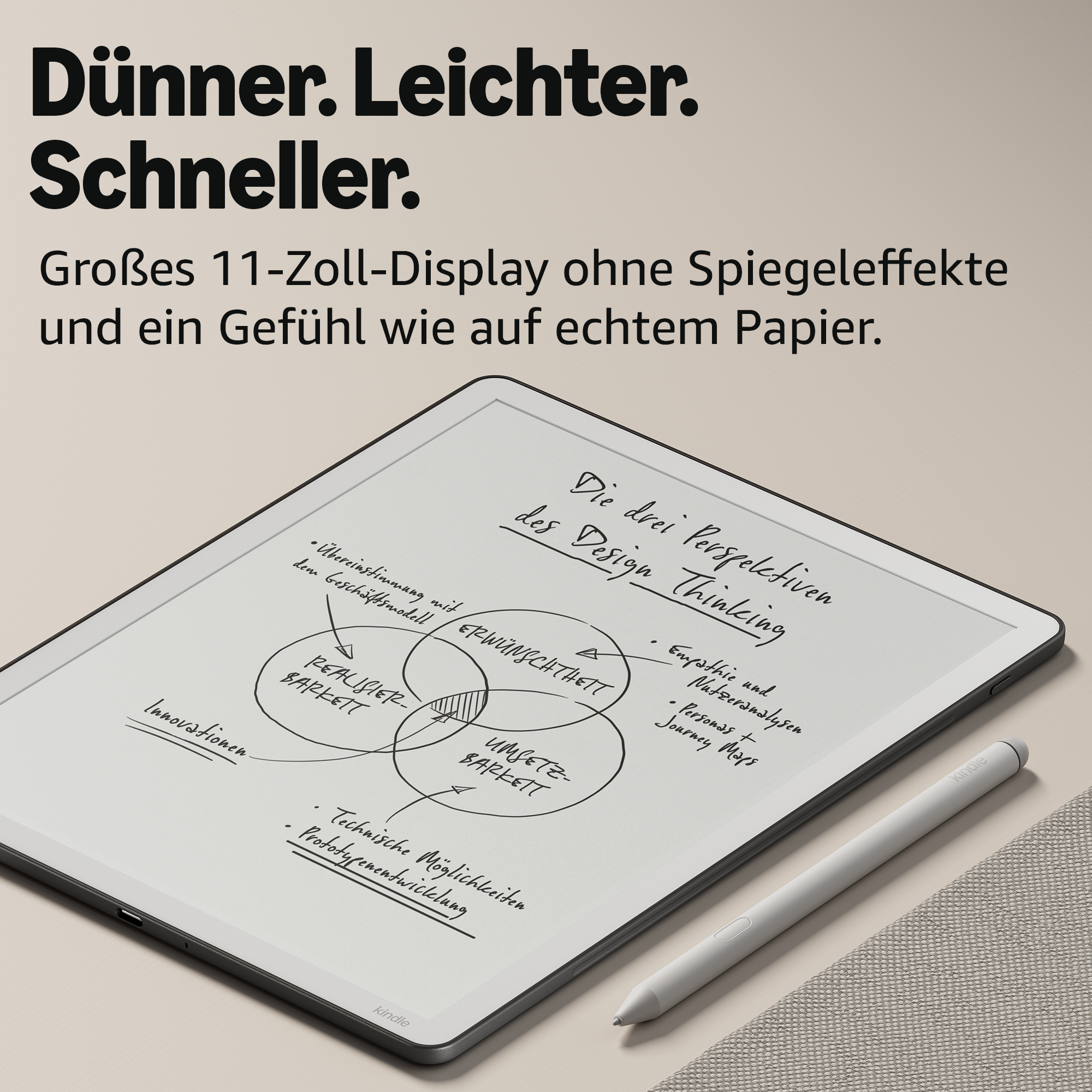 Ein Kindle E-Reader mit Stift liegt auf einer beigefarbenen Unterlage. Notizen sind auf dem Bildschirm sichtbar.