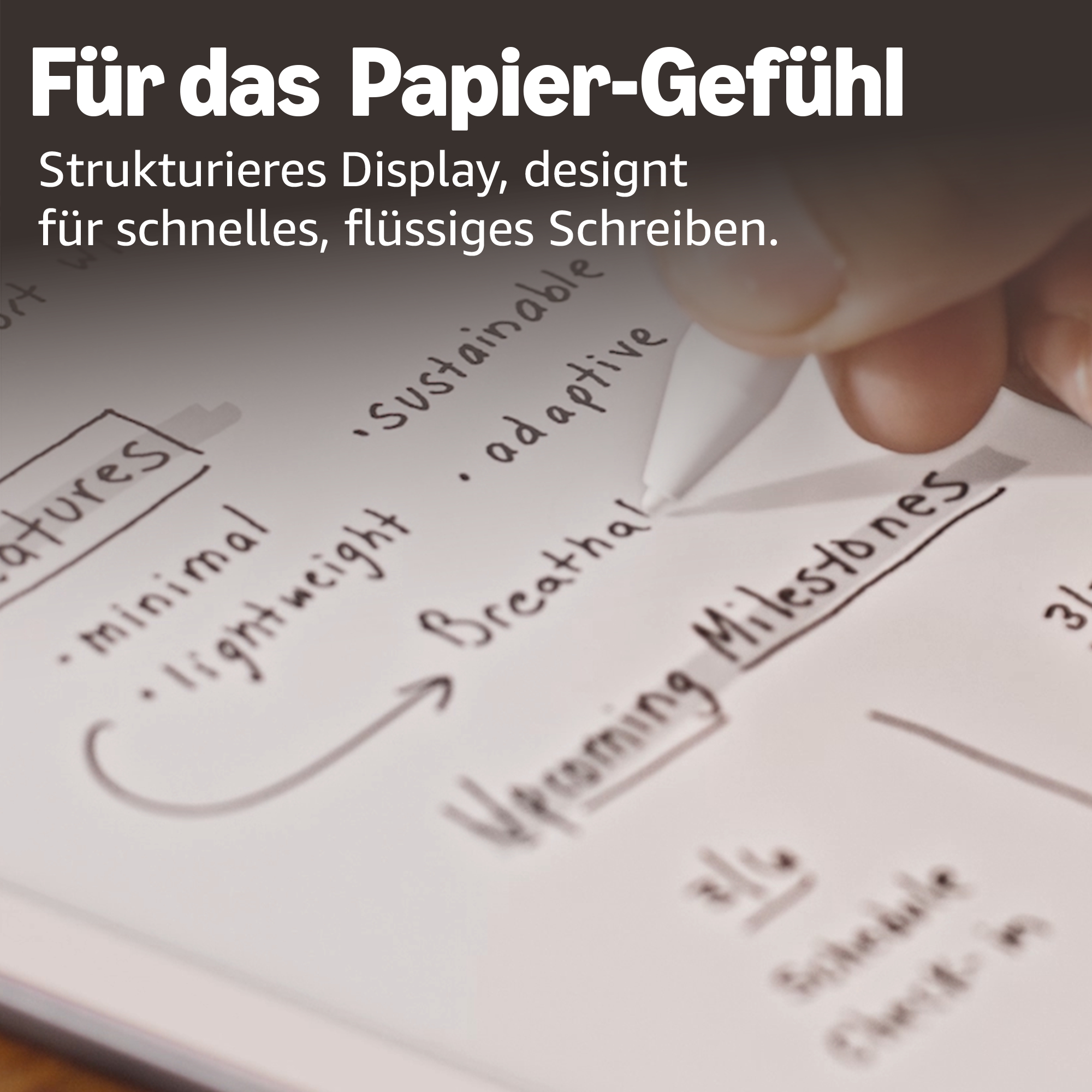 Hand schreibt Notizen wie Features, minimal, leicht, nachhaltig, adaptiv, kommende Meilensteine.