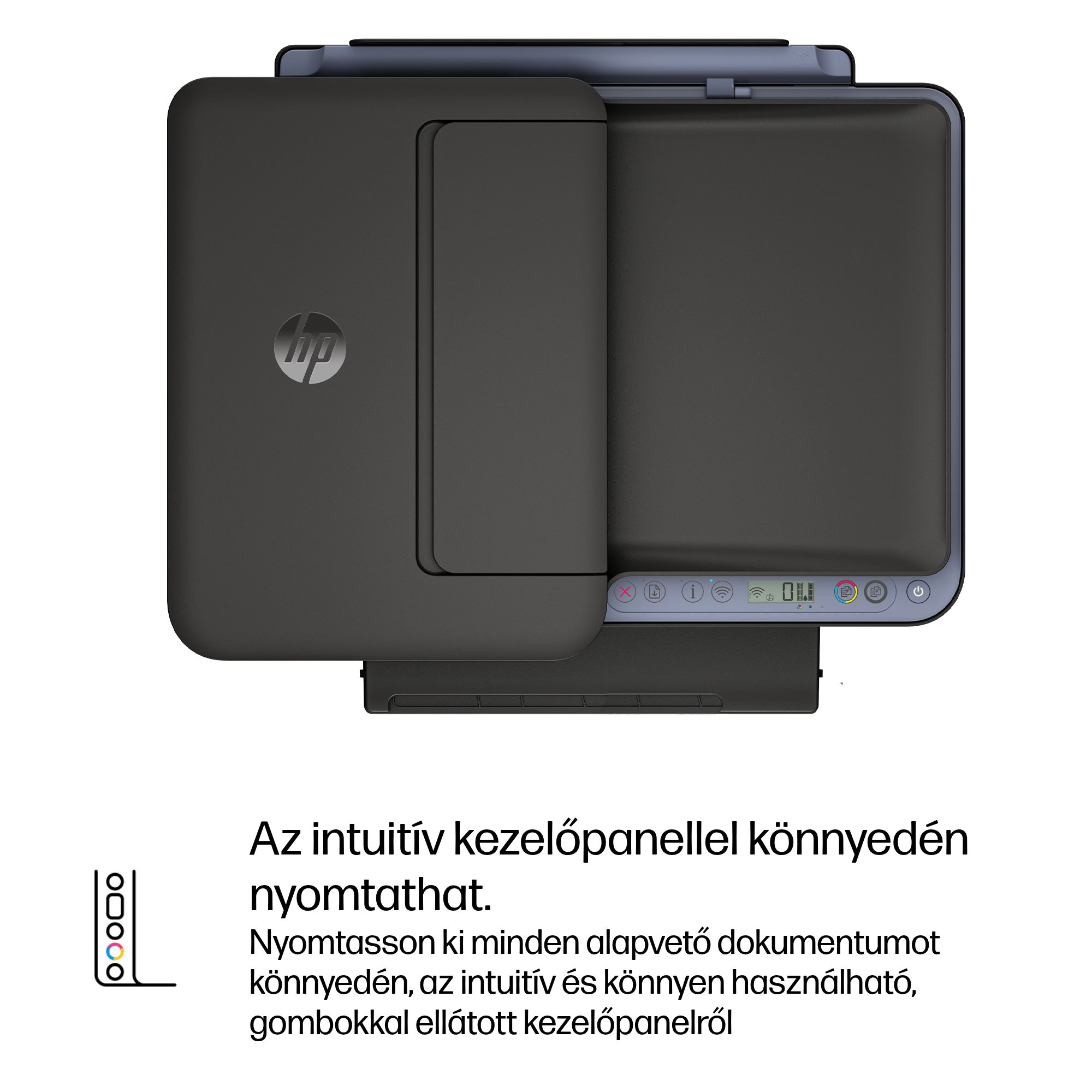 Fekete HP nyomtató kezelőpanellel és ikonokkal.
