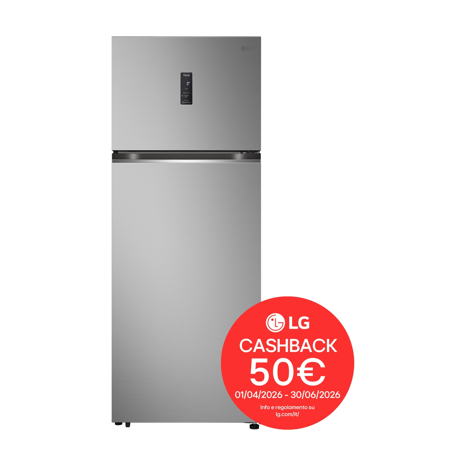 Un frigorifero LG argento con adesivo rosso cashback da 50 Euro.