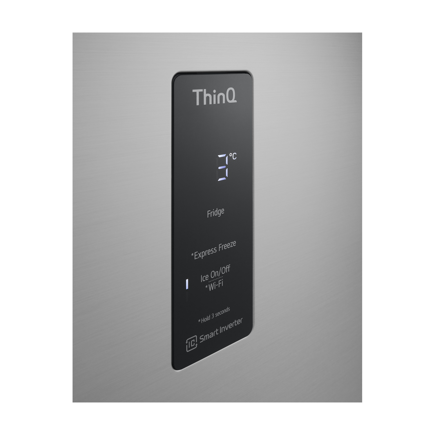 Un display del frigorifero mostra 3°C, Express Freeze, Ice On/Off e Wi-Fi.