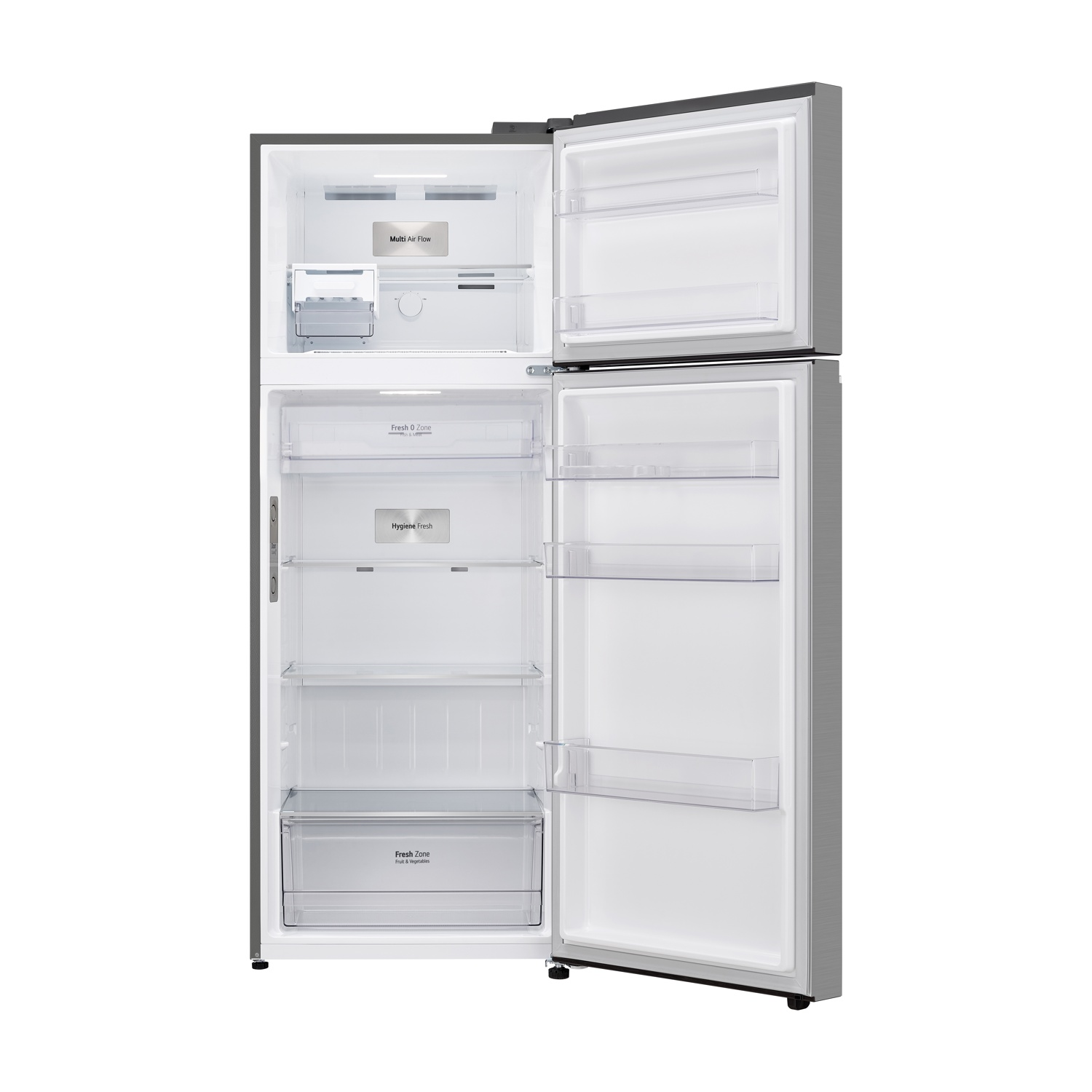 Un frigorifero aperto argentato a due porte con ripiani e cassetti.