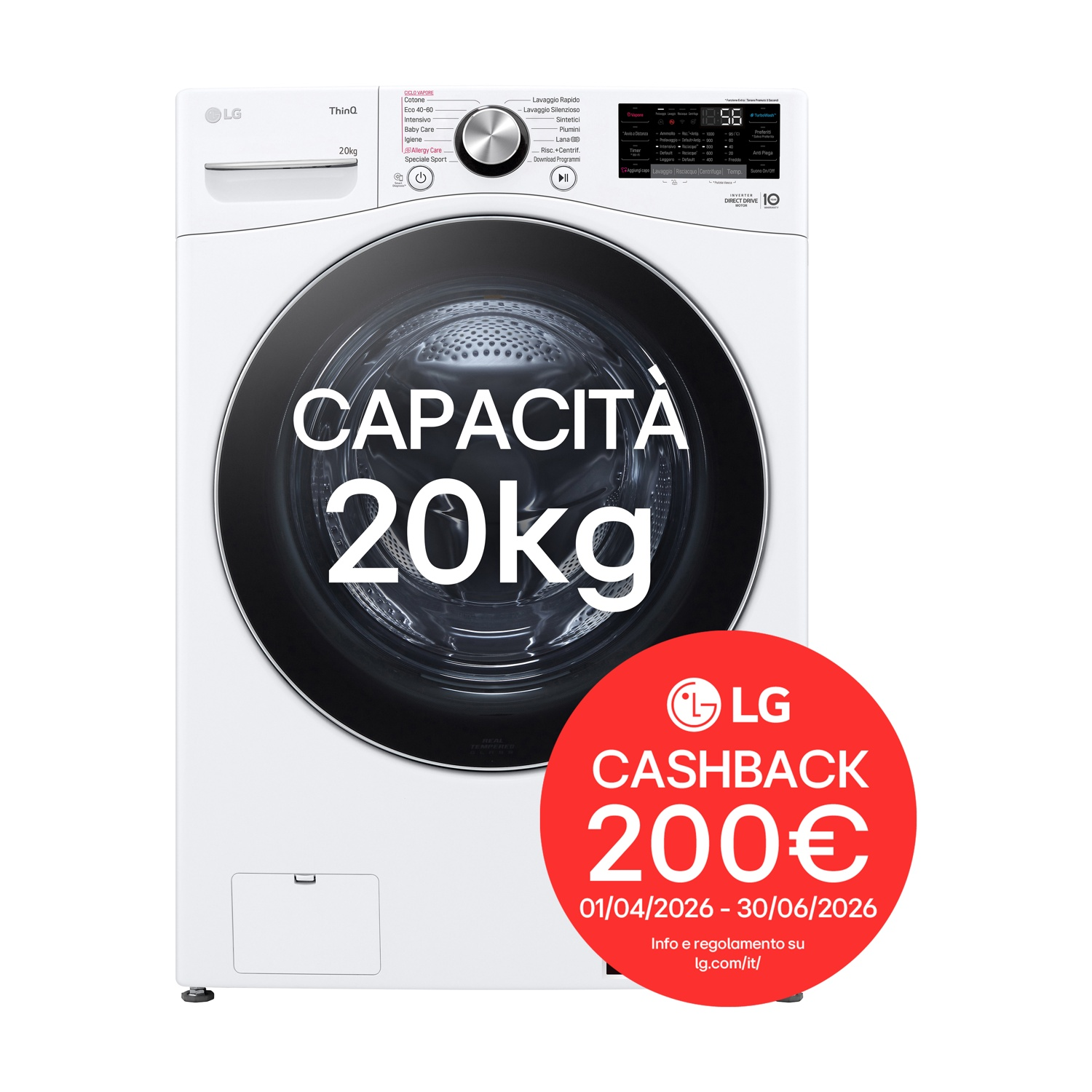Lavatrice LG bianca capacità 20kg con adesivo cashback rosso.