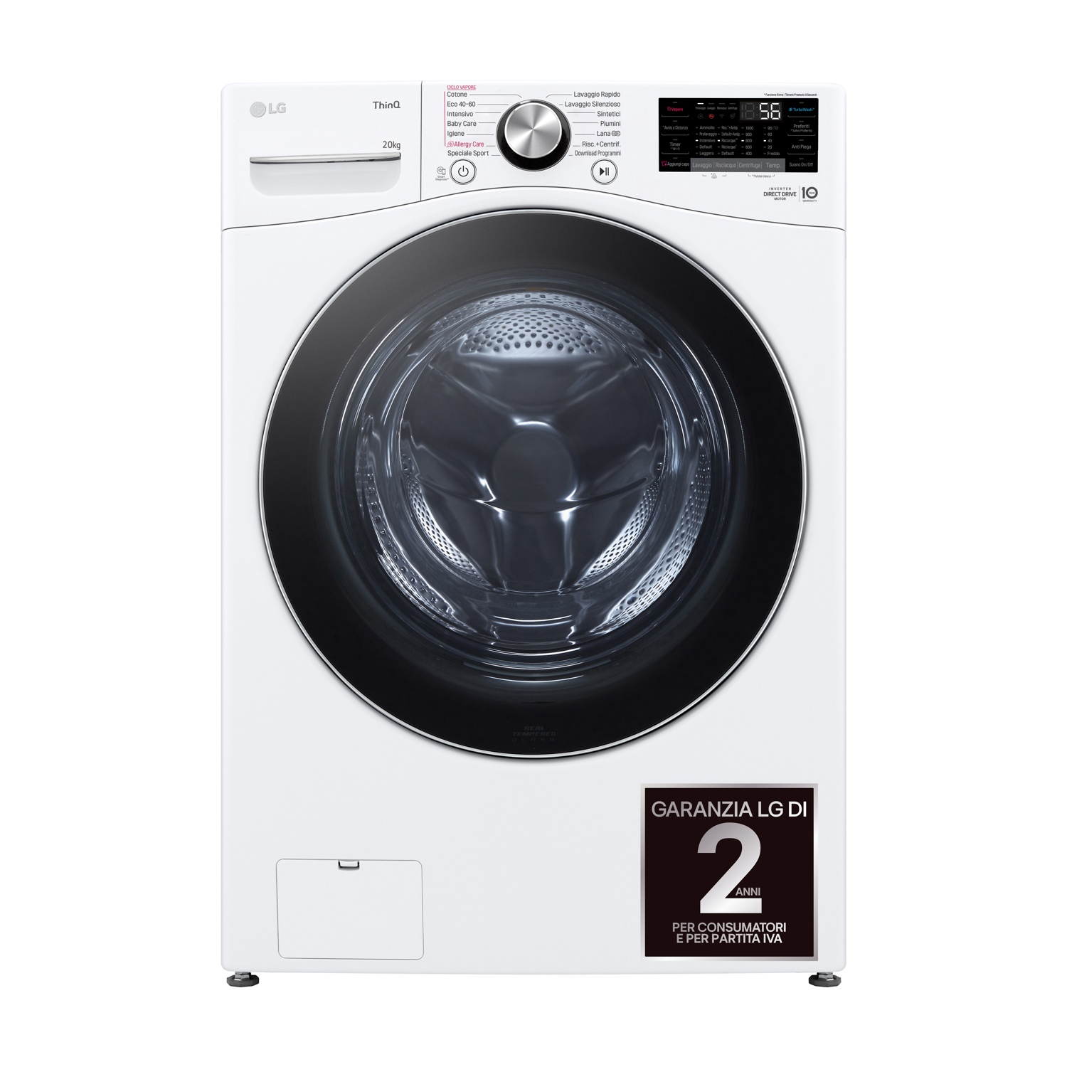 Una lavatrice LG bianca da 20 kg con pannello di controllo digitale.