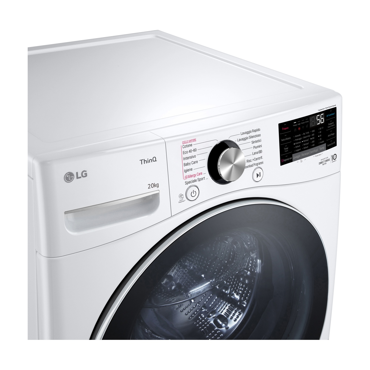 Lavatrice LG bianca con selettore argentato e display digitale. Capacità 20 kg.