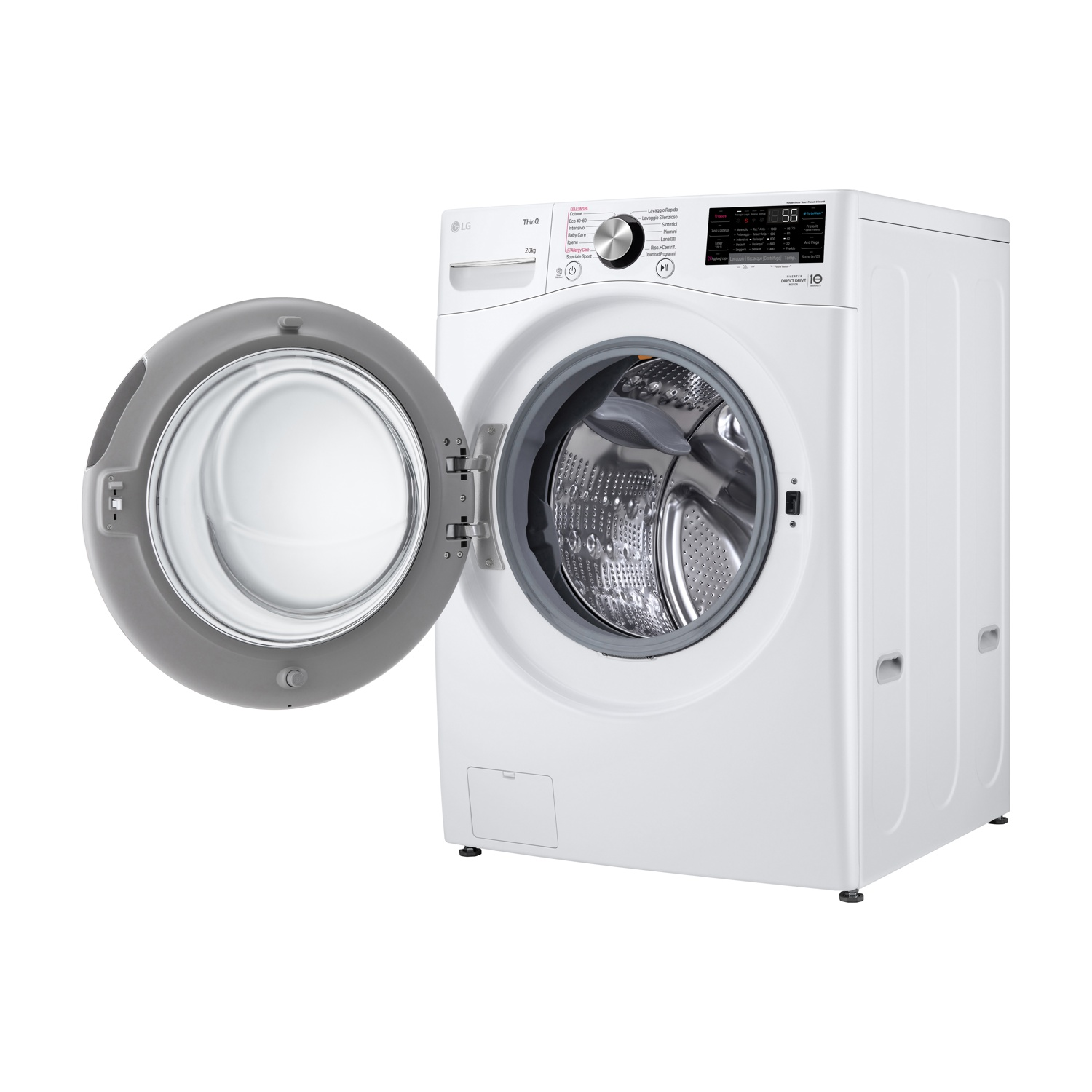 Lavatrice LG bianca con oblò aperto e display digitale. Capacità 20kg.