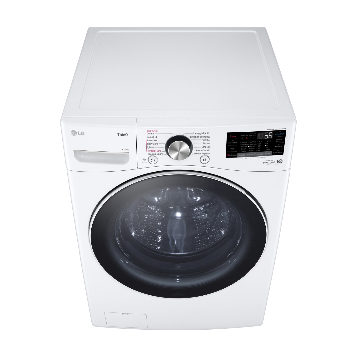 Una lavatrice LG bianca con capacità di 20 kg e display digitale.