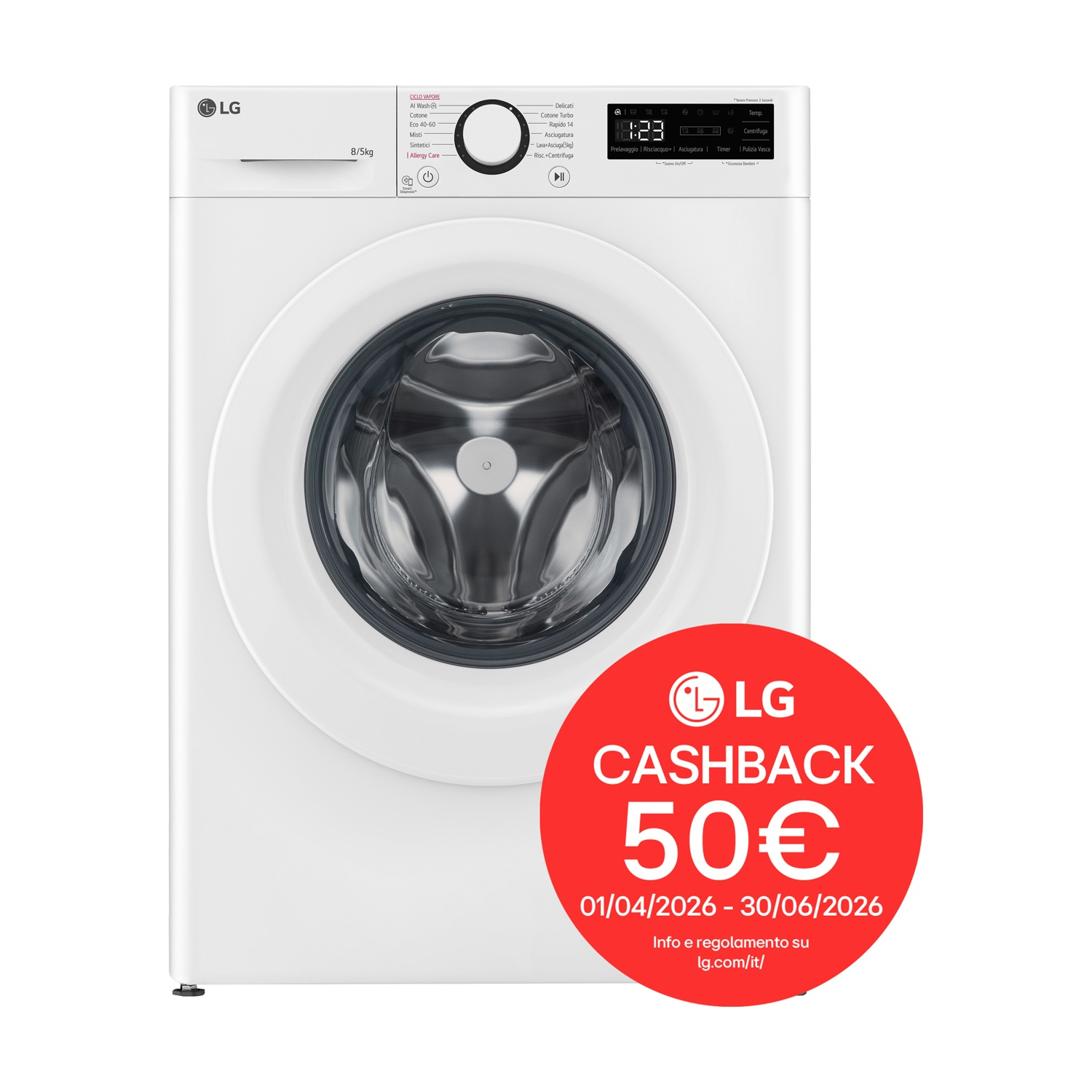 Lavatrice LG bianca con display, manopola e adesivo rosso cashback.