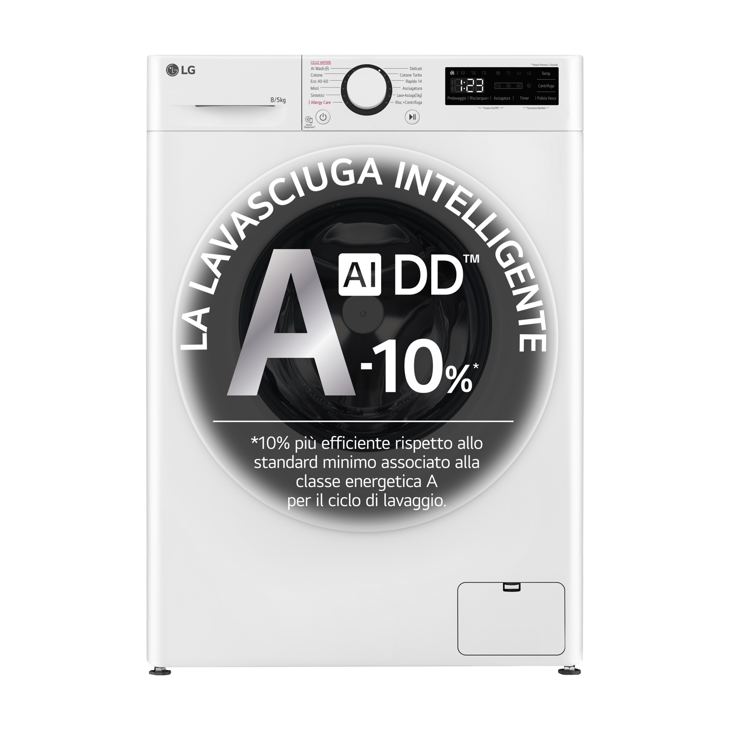 Una lavatrice LG bianca con un grande display circolare e la scritta 'Lavaggio Intelligente'.