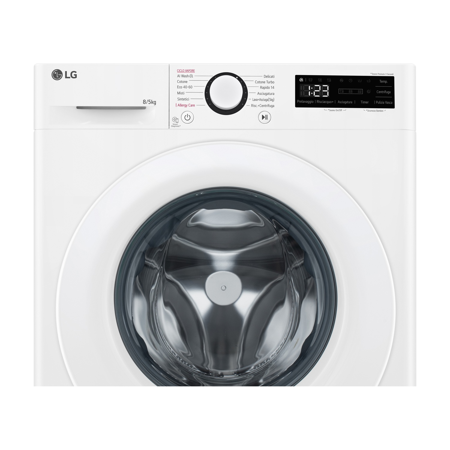 Una lavatrice LG bianca con capacità 8/5kg e display digitale.