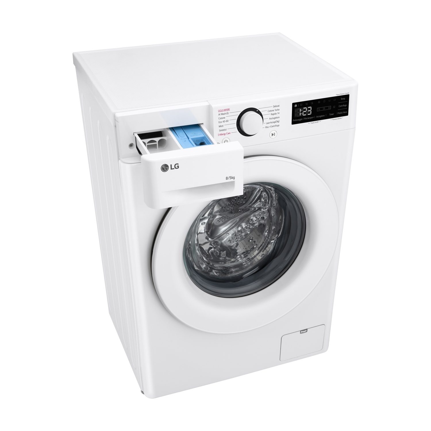 Lavatrice LG bianca con cassetto detersivo aperto e display digitale.