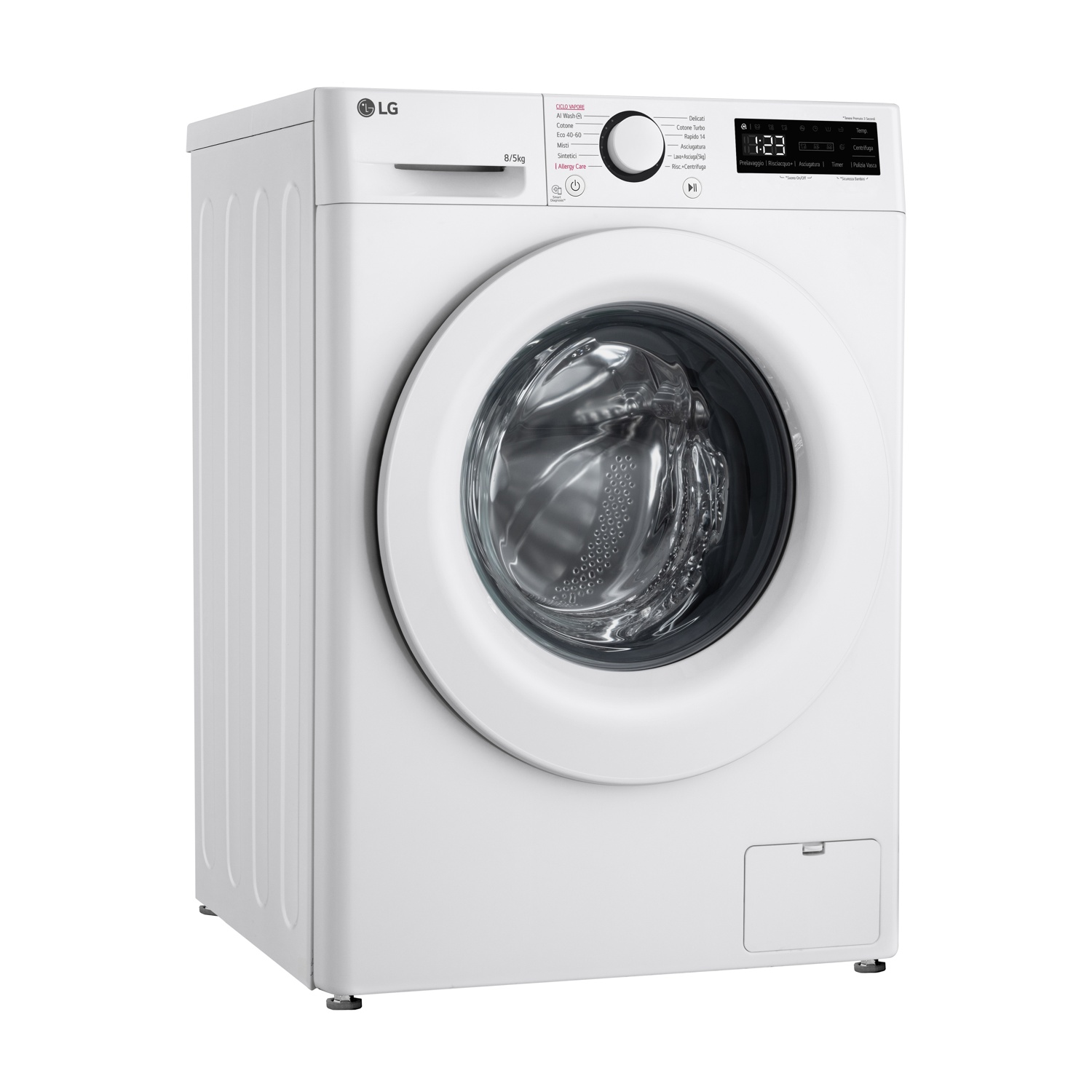 Lavatrice LG bianca con display digitale, manopola e oblò tondo.