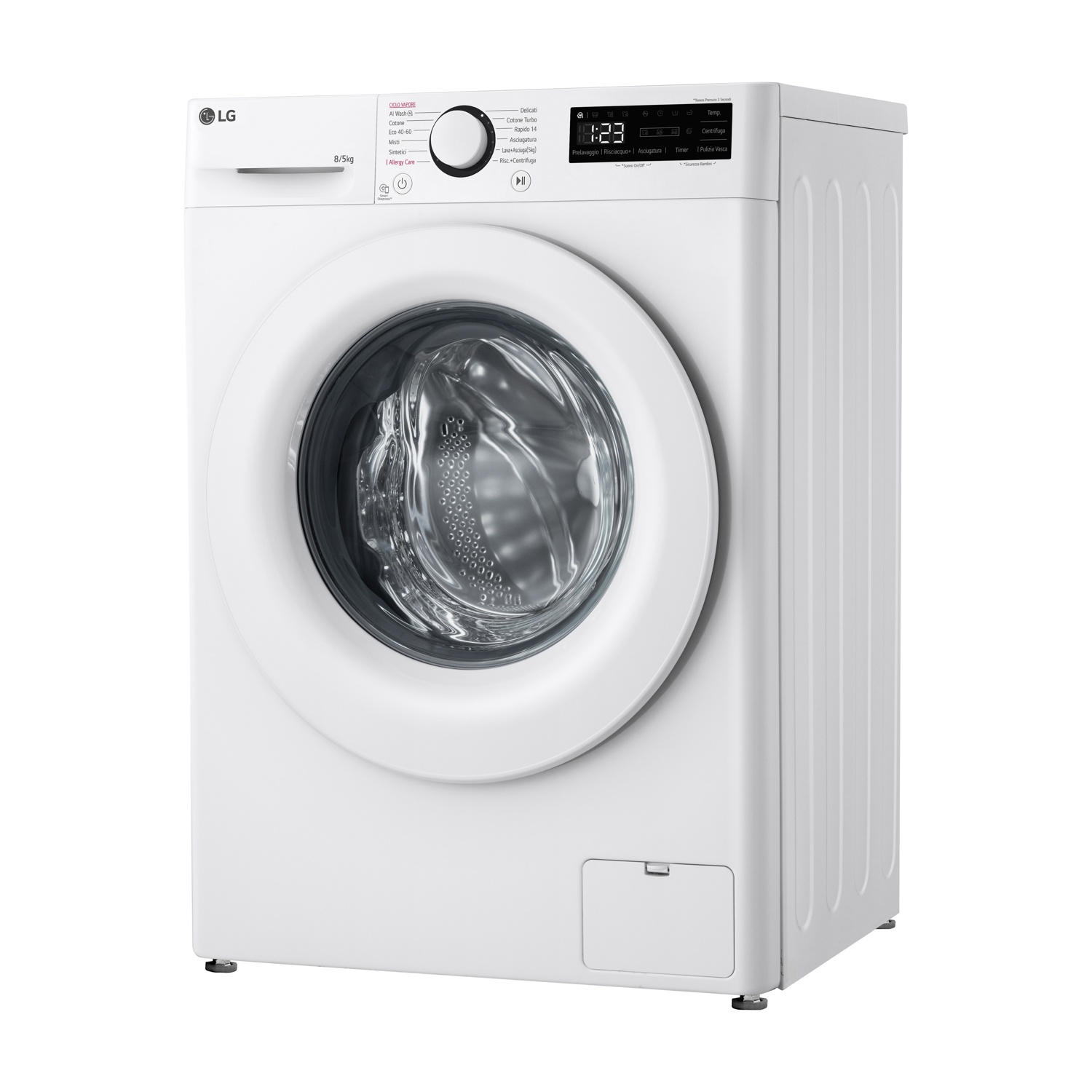 Lavatrice LG bianca con display digitale e selettore programma tondo.