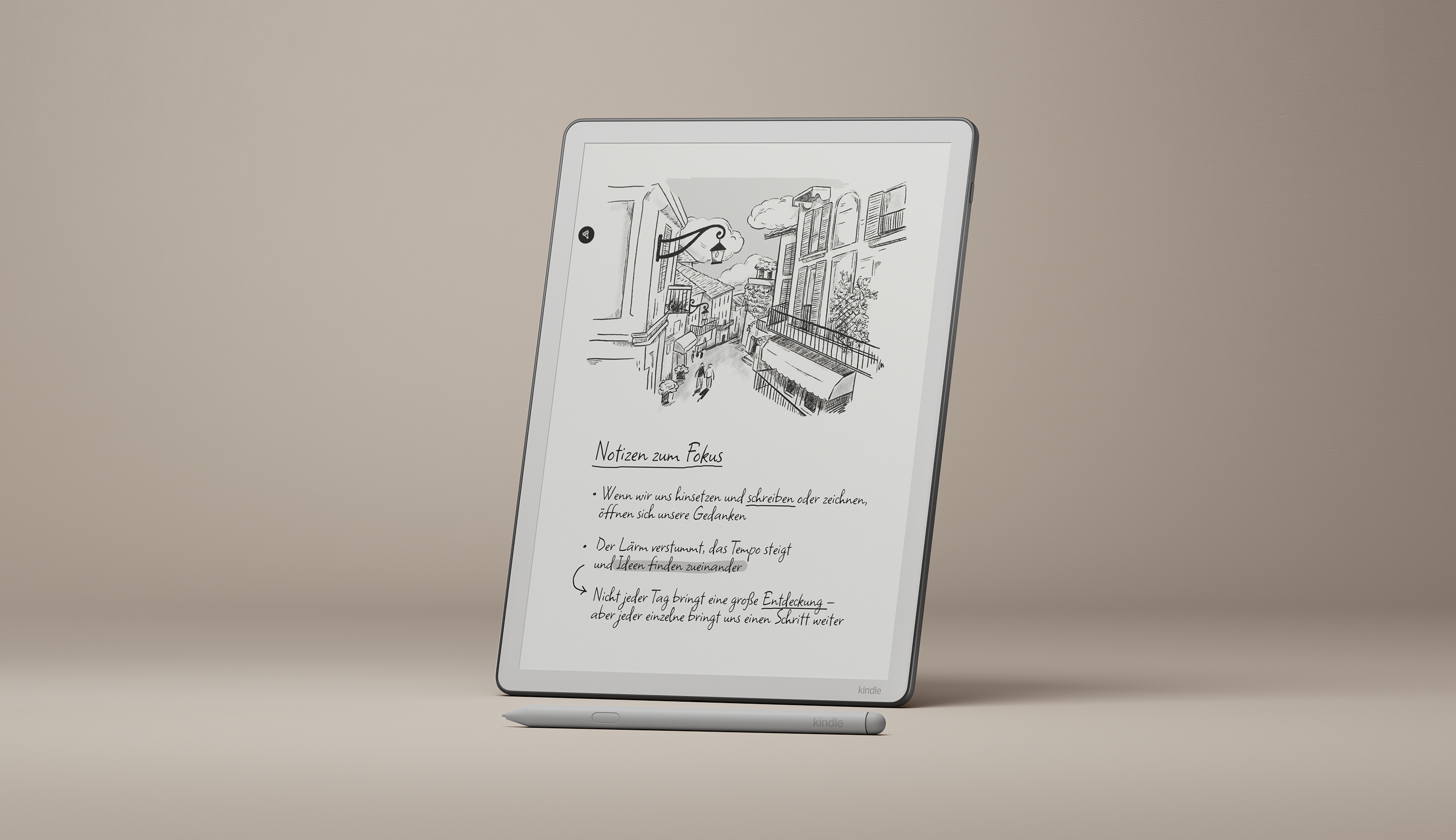 Ein E-Reader mit Stift zeigt eine Zeichnung einer Stadt und Notizen zum Fokus.