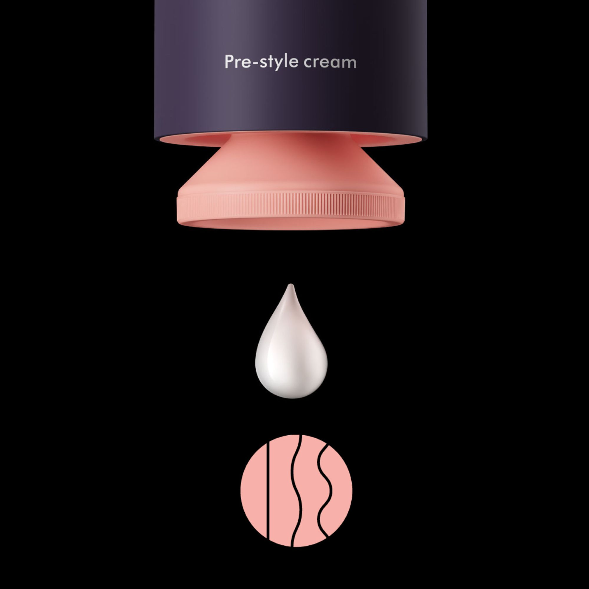 Eine weiße Creme-Tropfen fällt aus einer lila und rosa Flasche auf ein rosa Symbol.