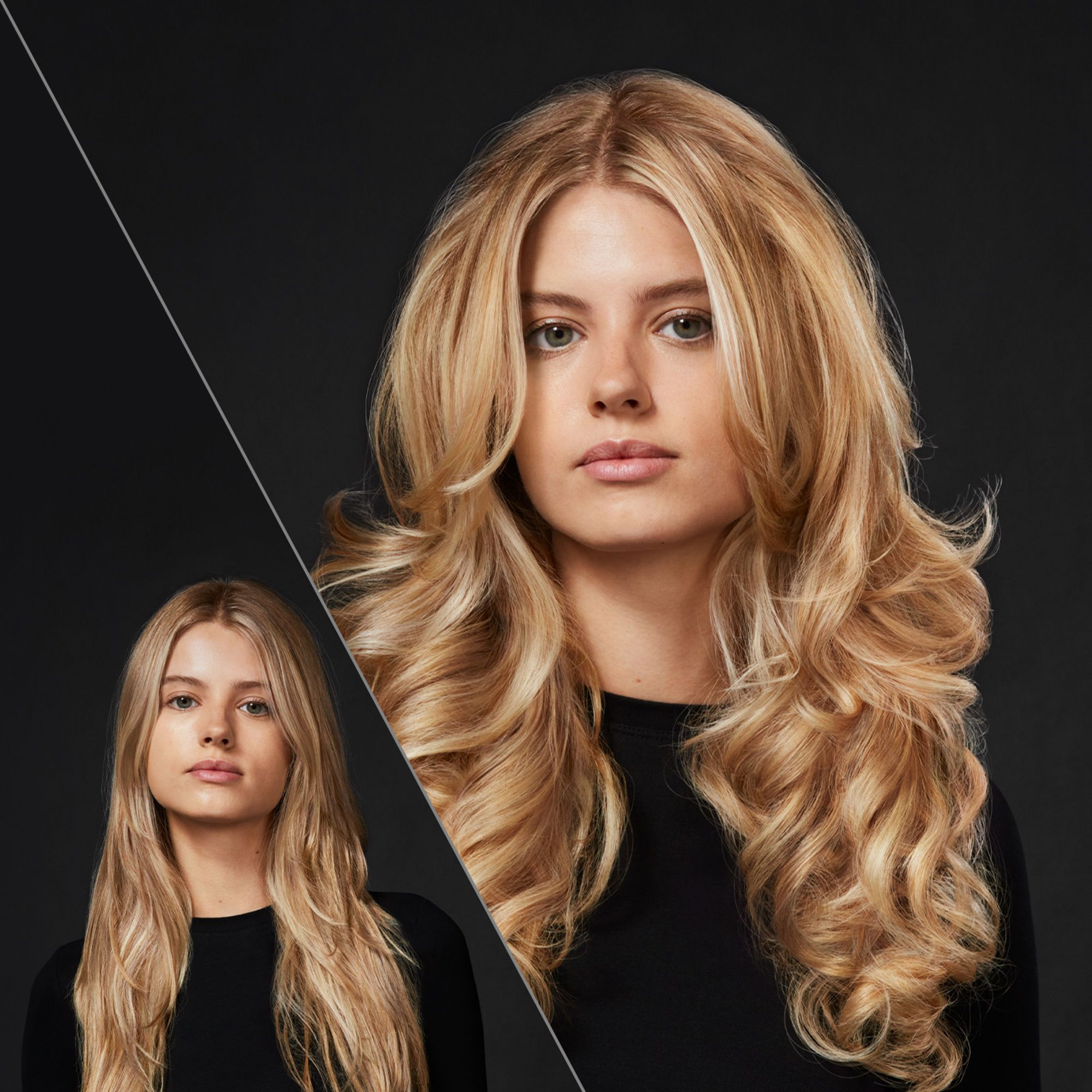 Vergleich: Blonde Frau mit glattem Haar links und voluminösem, gewelltem Haar rechts.