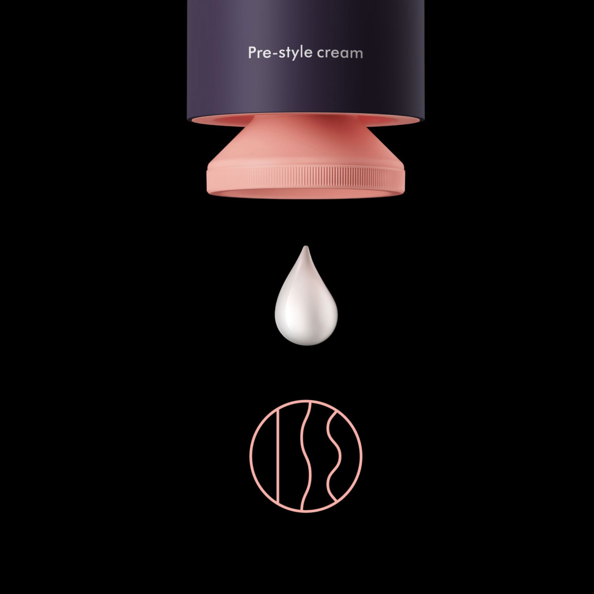 Dunkelvioletter Behälter mit rosa Applikator und tropfendem cremefarbenem Produkt.