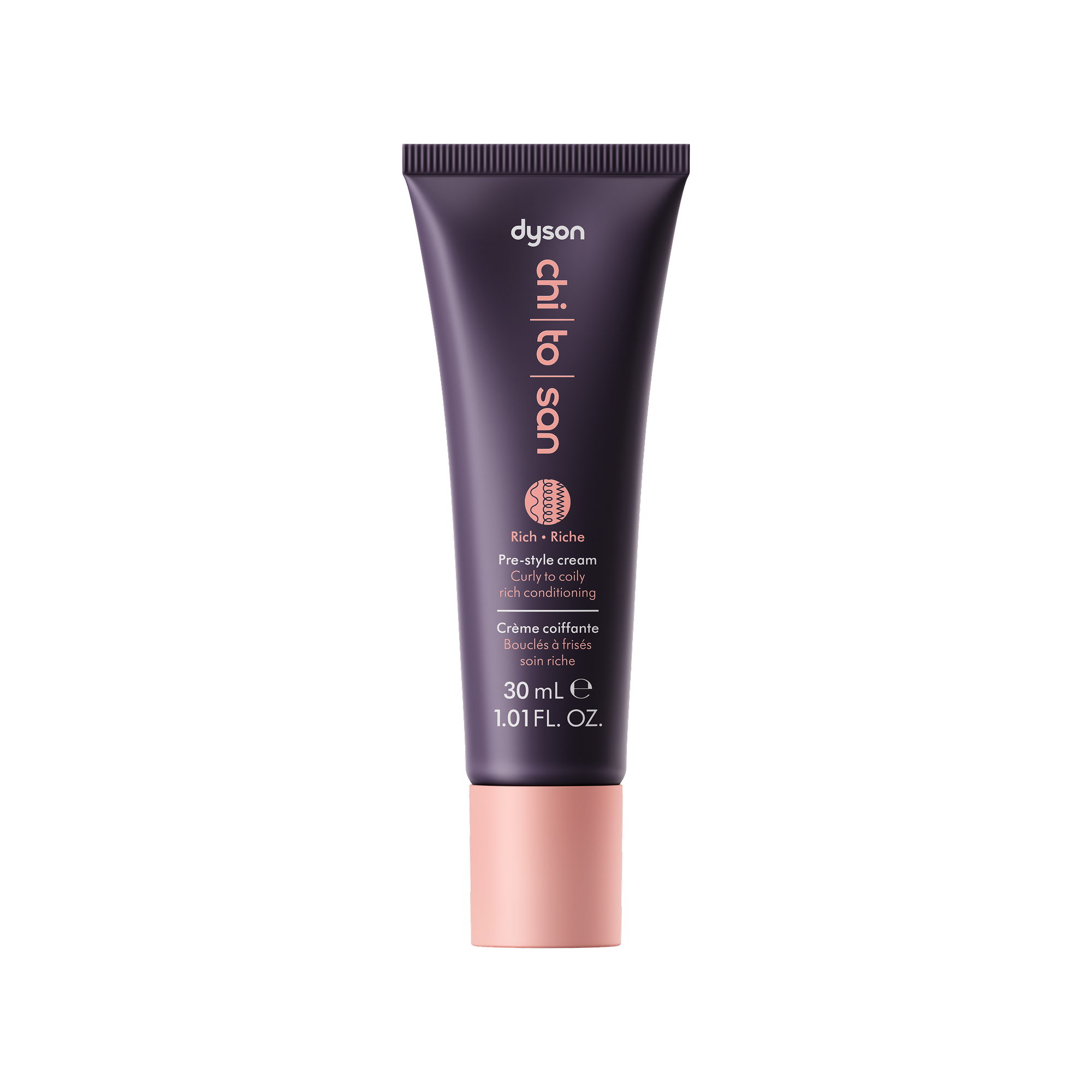 Eine violette Tube mit einem rosa Deckel, die Dyson Chi To San Pre-Style Cream enthält.