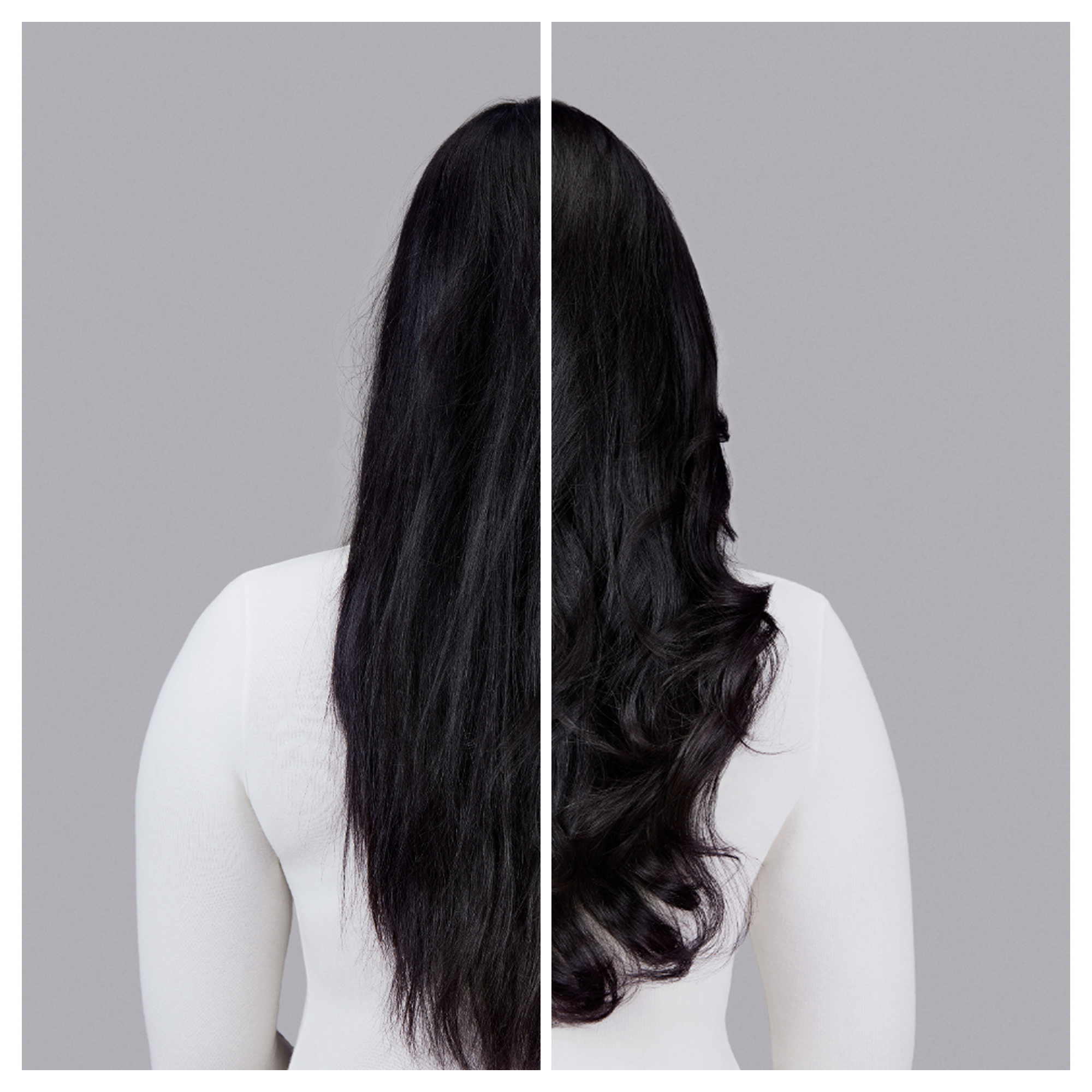 Frauen mit langen schwarzen Haaren, links glatt, rechts lockig.