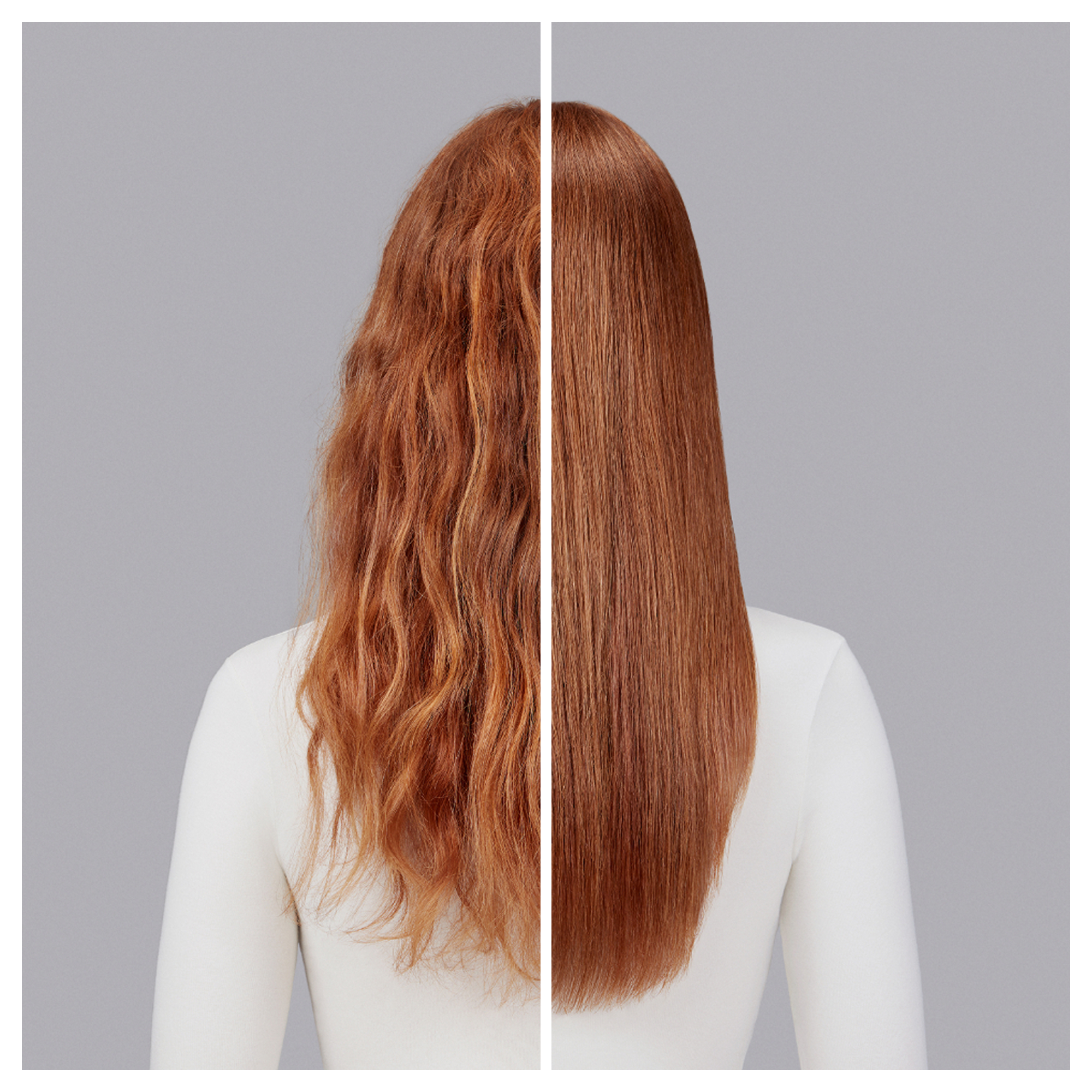 Vorher-Nachher-Vergleich: Lockiges, rotes Haar links, glattes, rotes Haar rechts.