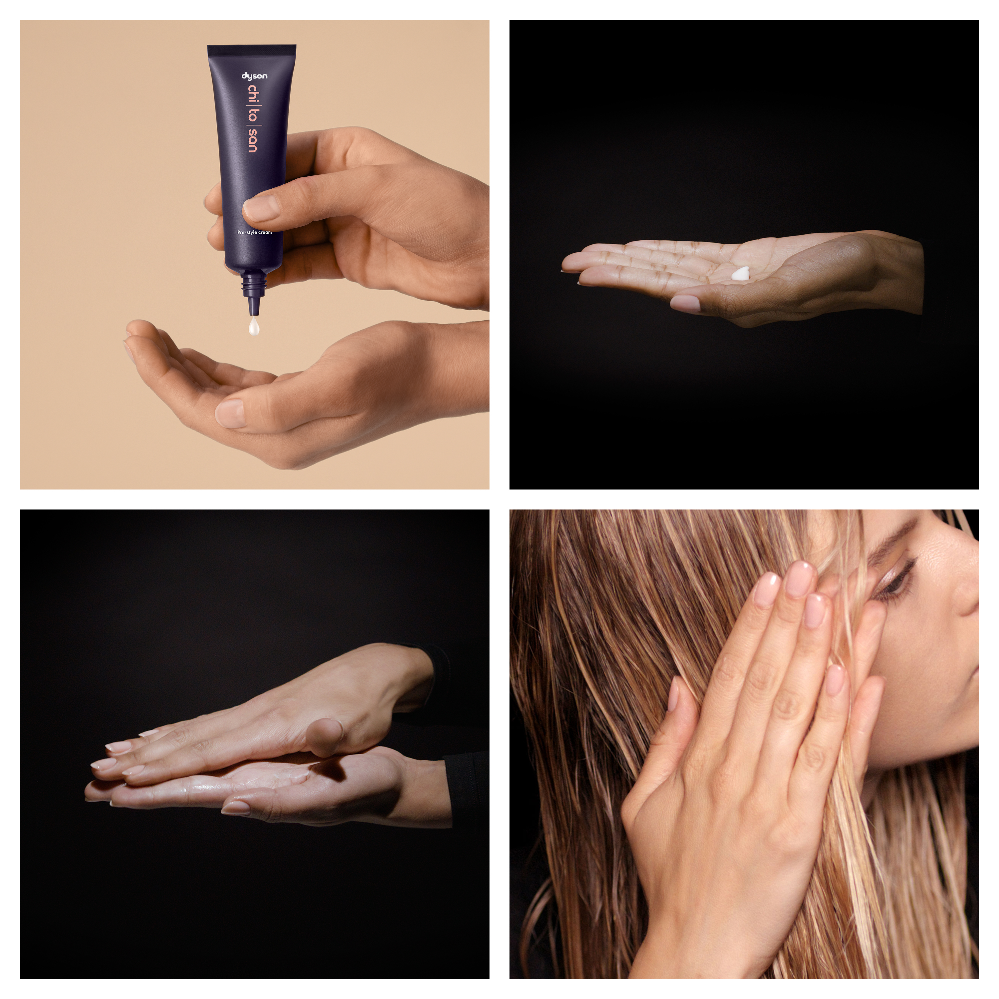Vier Bilder zeigen Hände, die Creme auftragen. Oben links: Creme aus Tube. Oben rechts: Creme auf Handfläche. Unten links: Hände reiben Creme. Unten rechts: Hände im Haar.