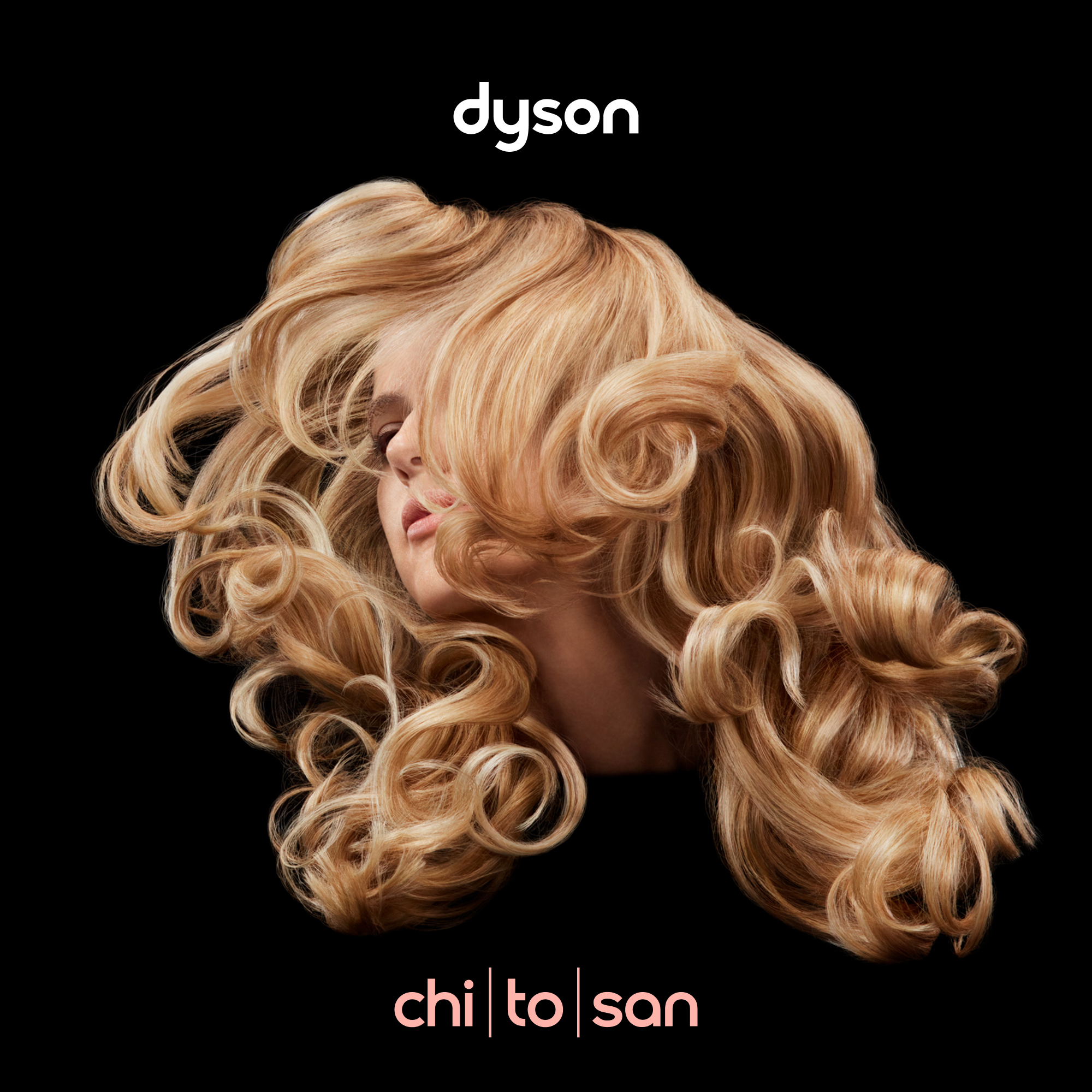 Dunkler Hintergrund mit blondem Haar, das sich in Locken kräuselt. Dyson-Logo oben.