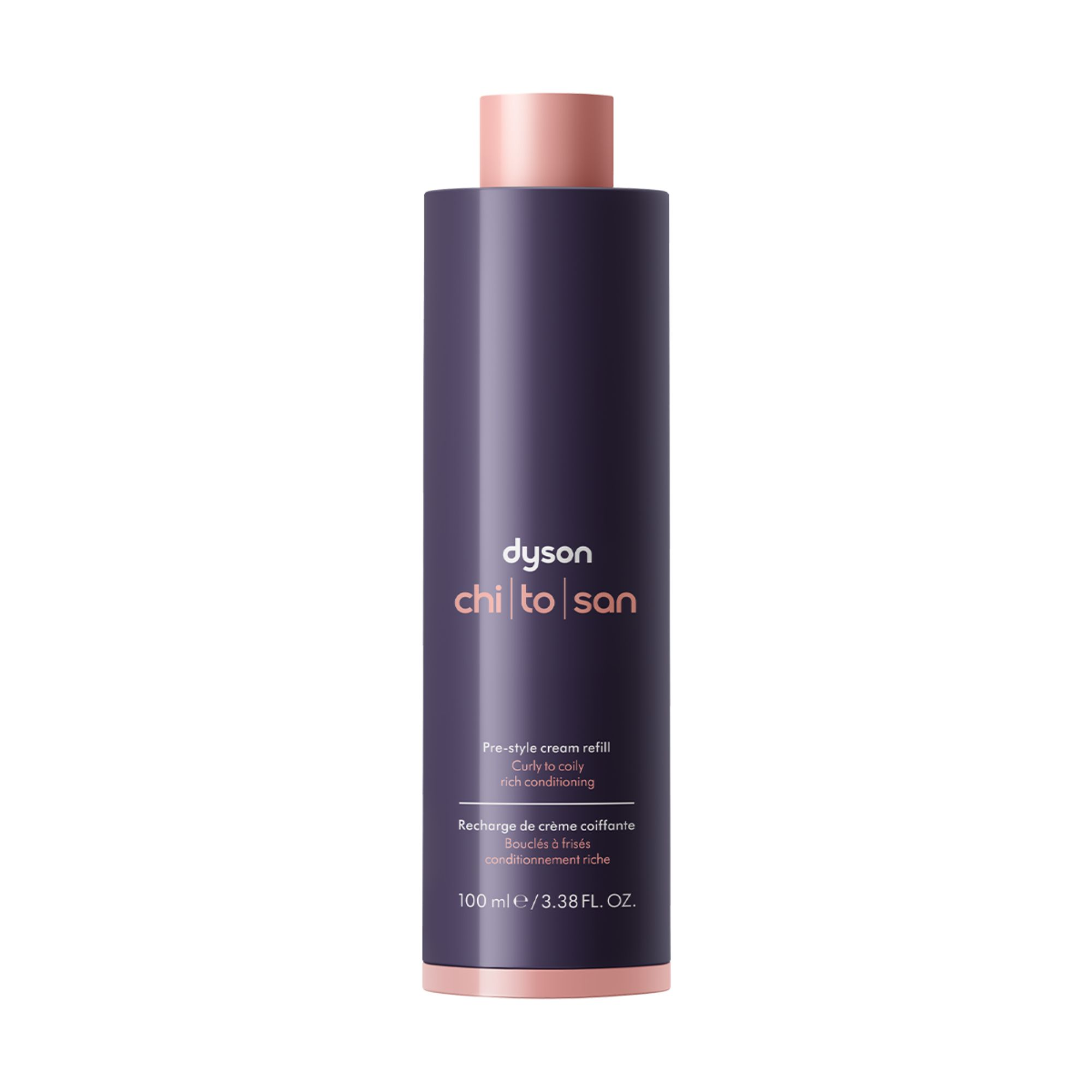 Dunkelviolette Flasche mit rosa Verschluss: Dyson Chi to San Pre-Style Cream.
