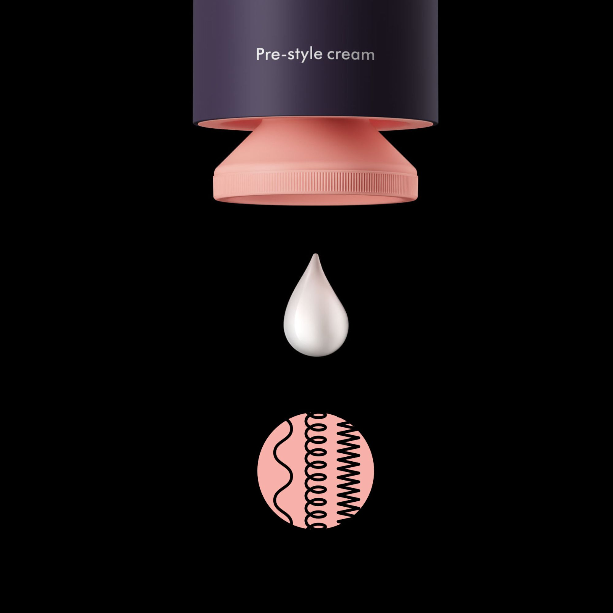 Ein Tropfen weiße Creme fällt vor einem rosa Kreis mit Locken.