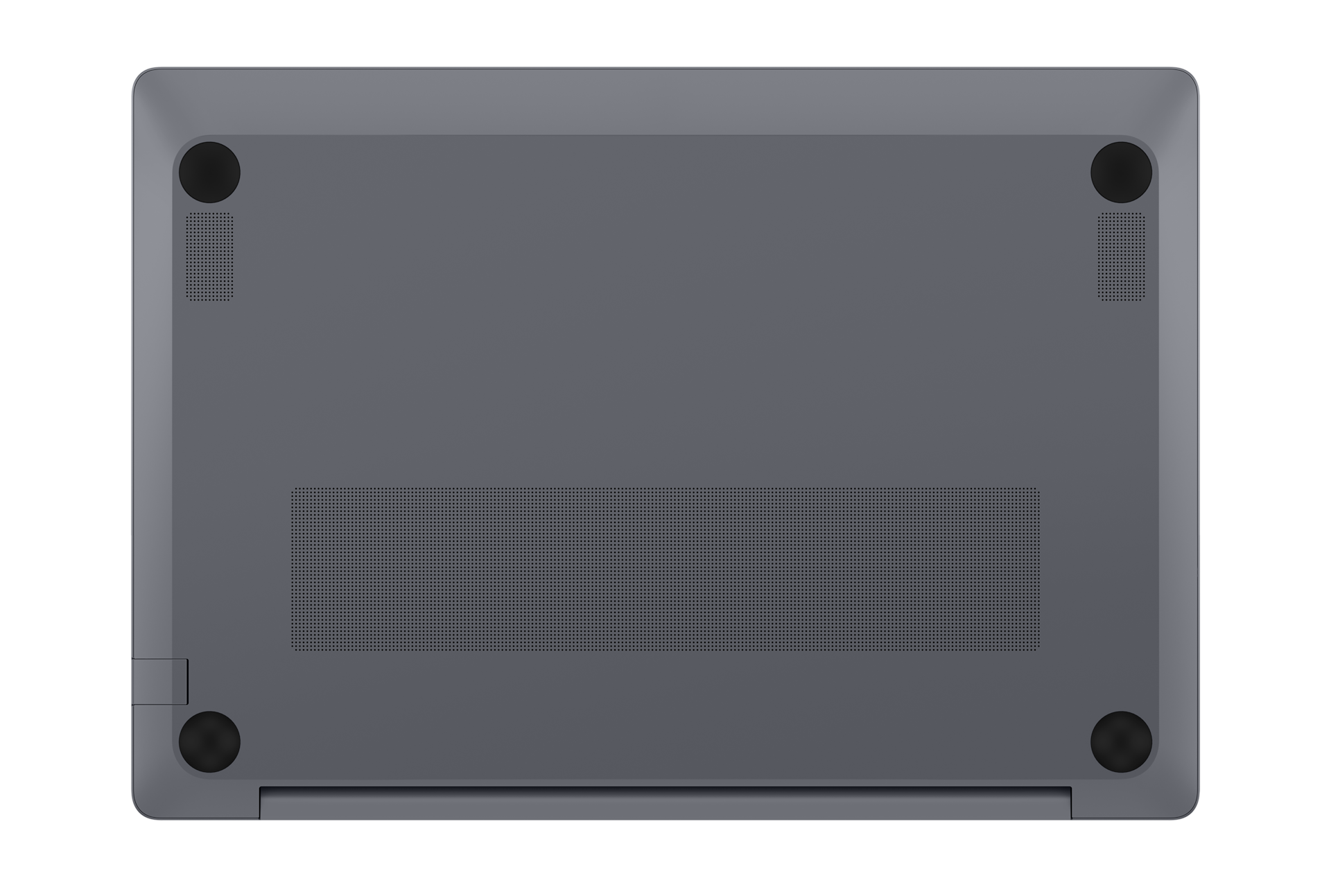 Unterseite eines grauen Laptops mit Lüftungsschlitzen und Gummifüßen.