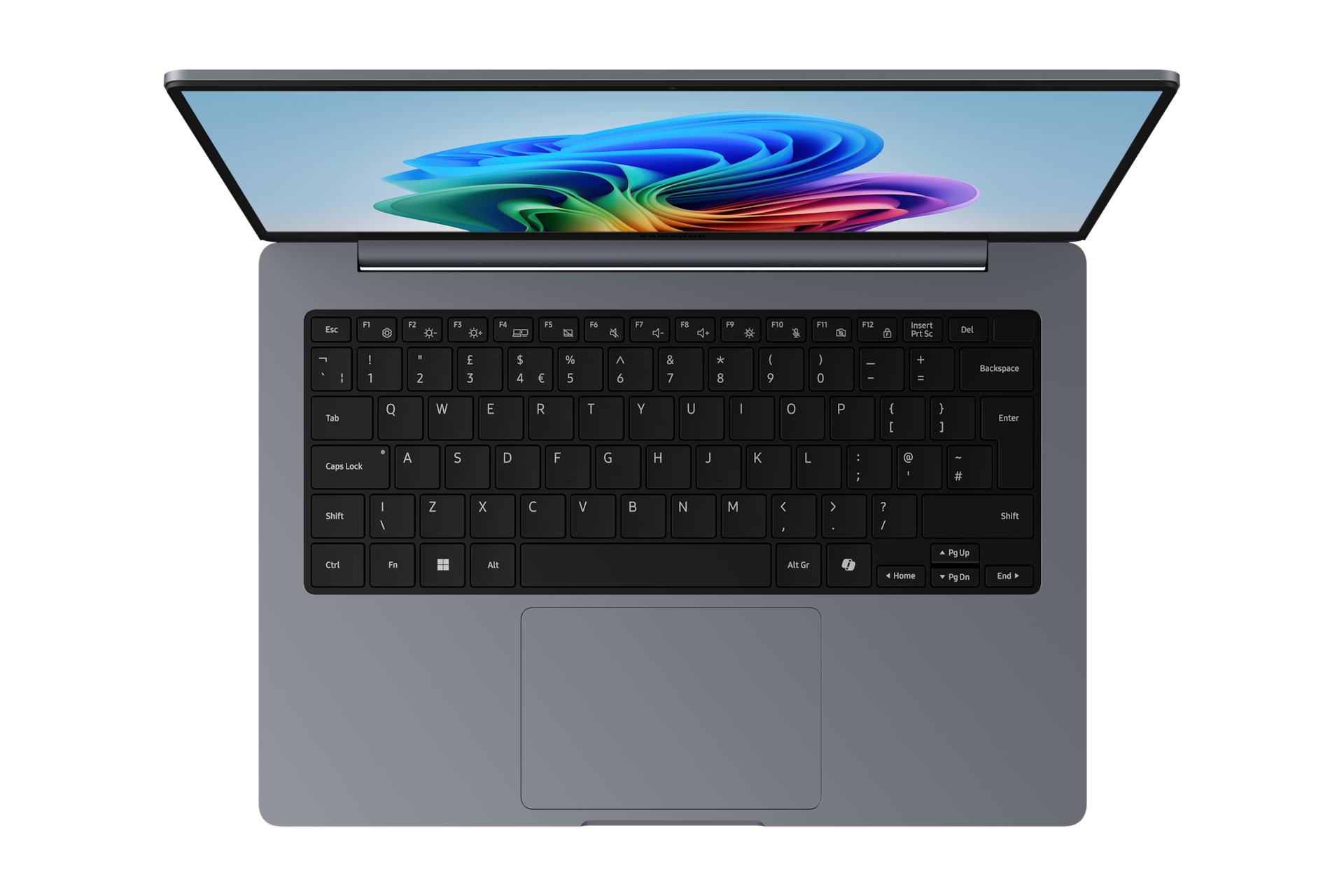 Ein offener Laptop mit einem bunten Hintergrundbild auf dem Bildschirm.