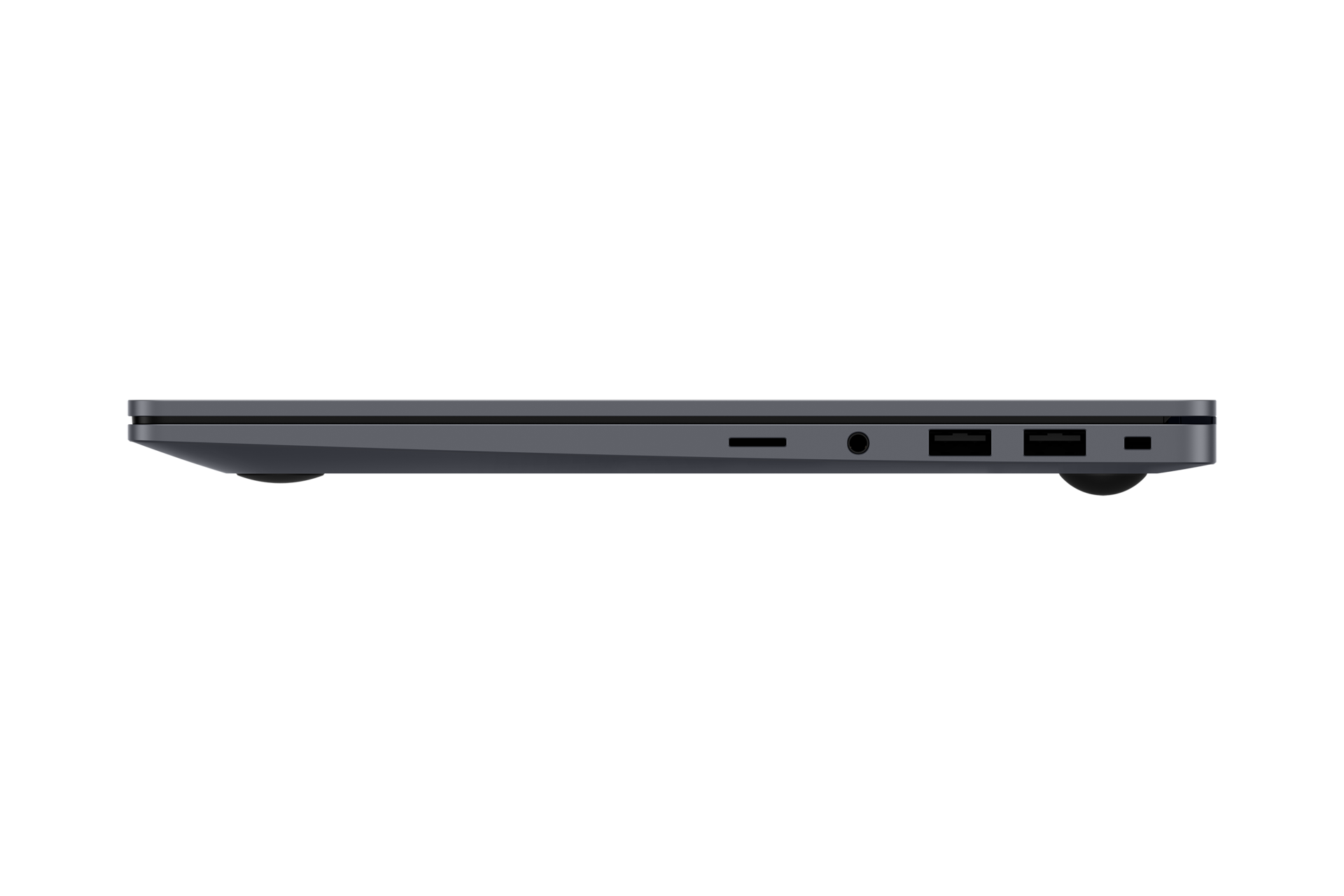 Seitenansicht eines grauen Laptops mit Anschlüssen: SD-Kartenleser, Kopfhöreranschluss, zwei USB-Anschlüsse.