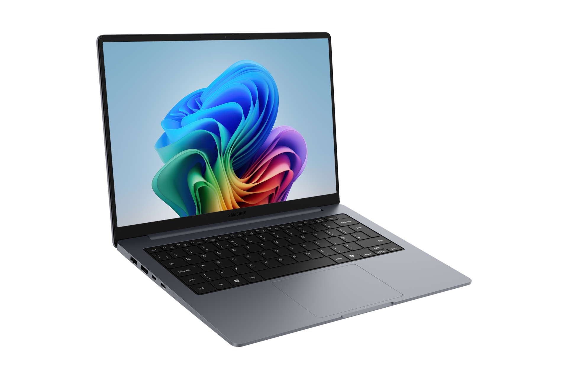 Ein grauer Laptop mit einem bunten, abstrakten Hintergrundbild auf dem Bildschirm.