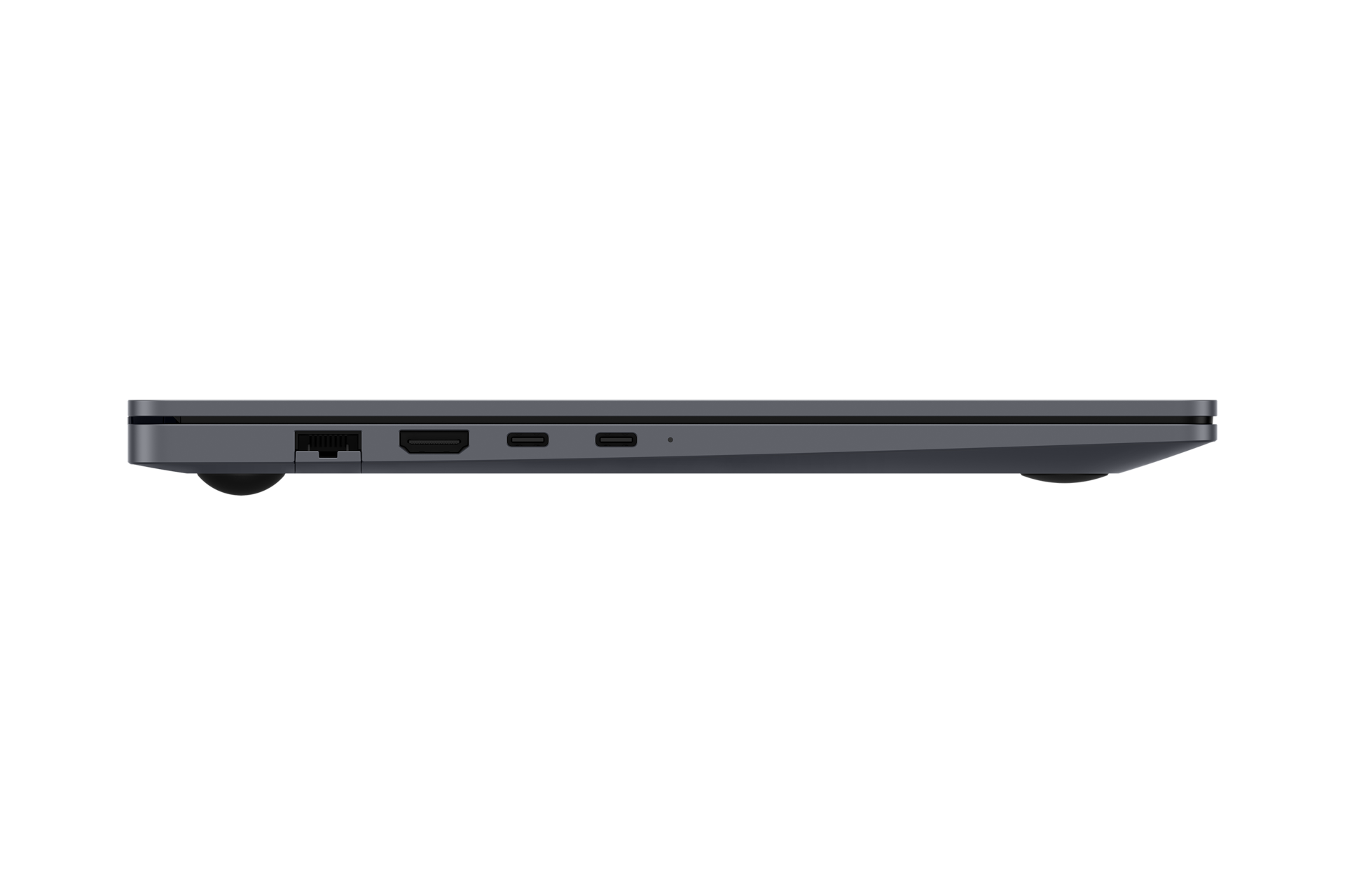 Graues Laptop-Profil mit Anschlüssen: Ethernet, HDMI, 2x USB-C, 1x USB-A.