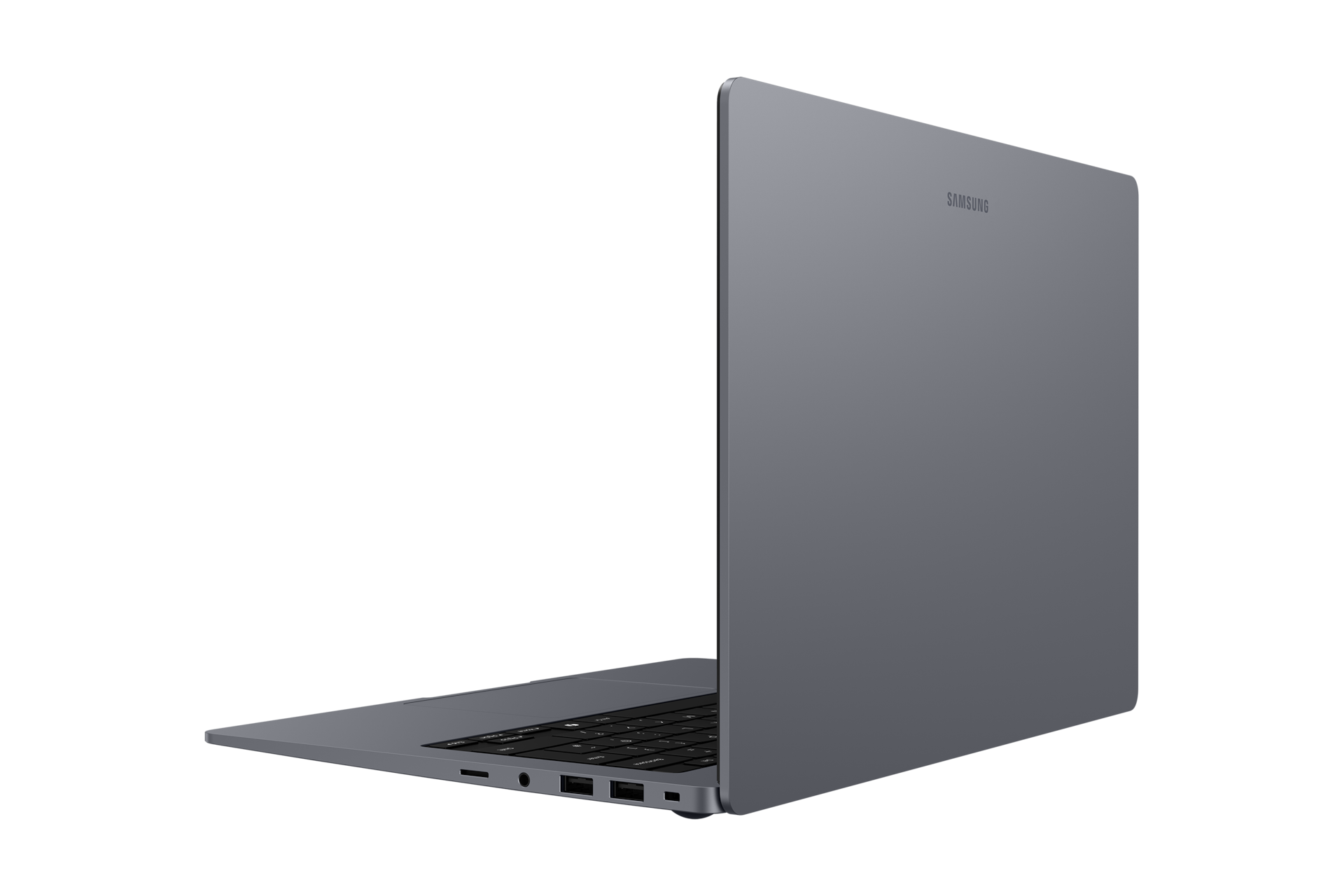 Grauer Samsung Laptop von hinten mit angeschlossenen USB-Anschlüssen.