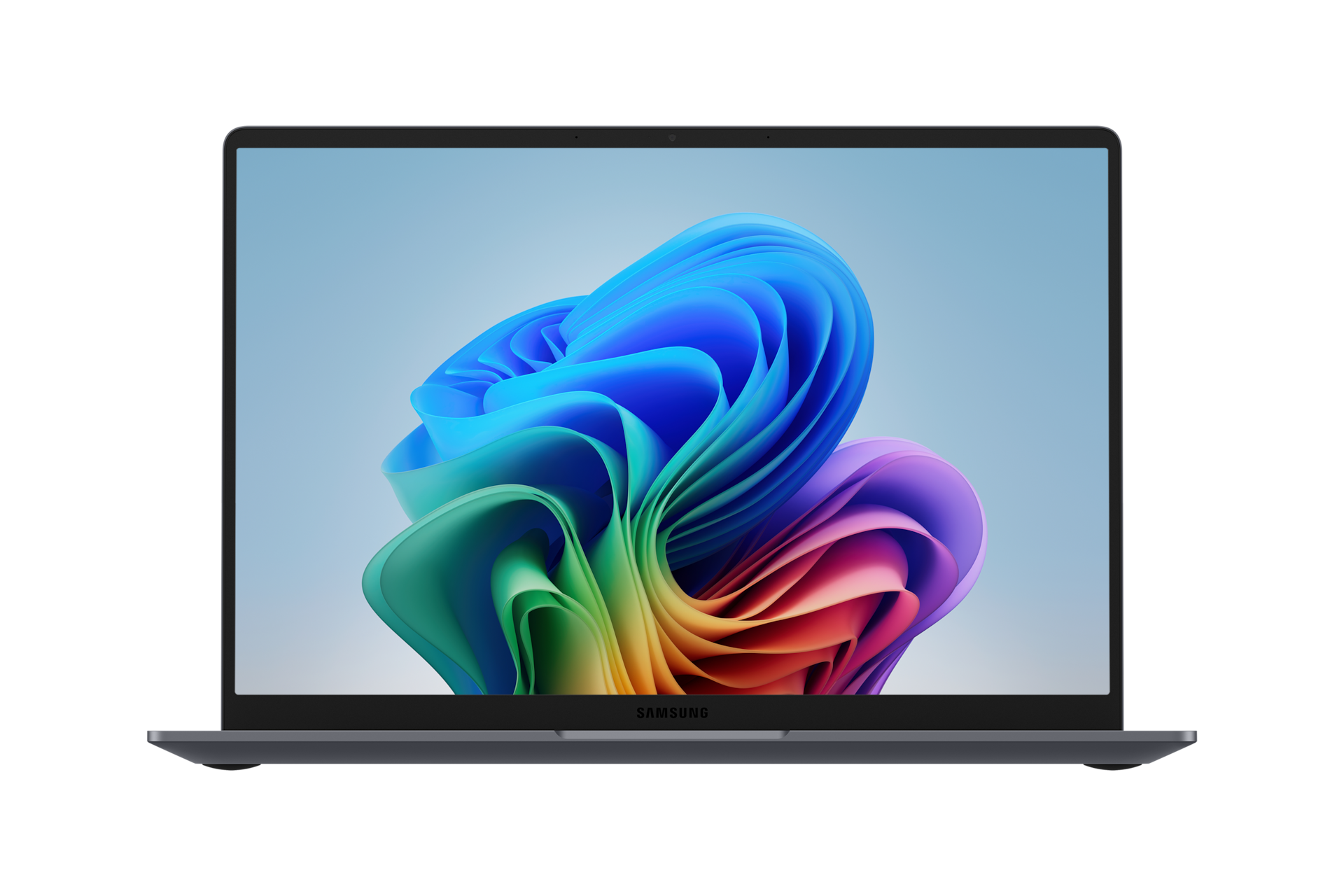 Ein offener Samsung Laptop mit buntem Wellenmuster auf dem Bildschirm.