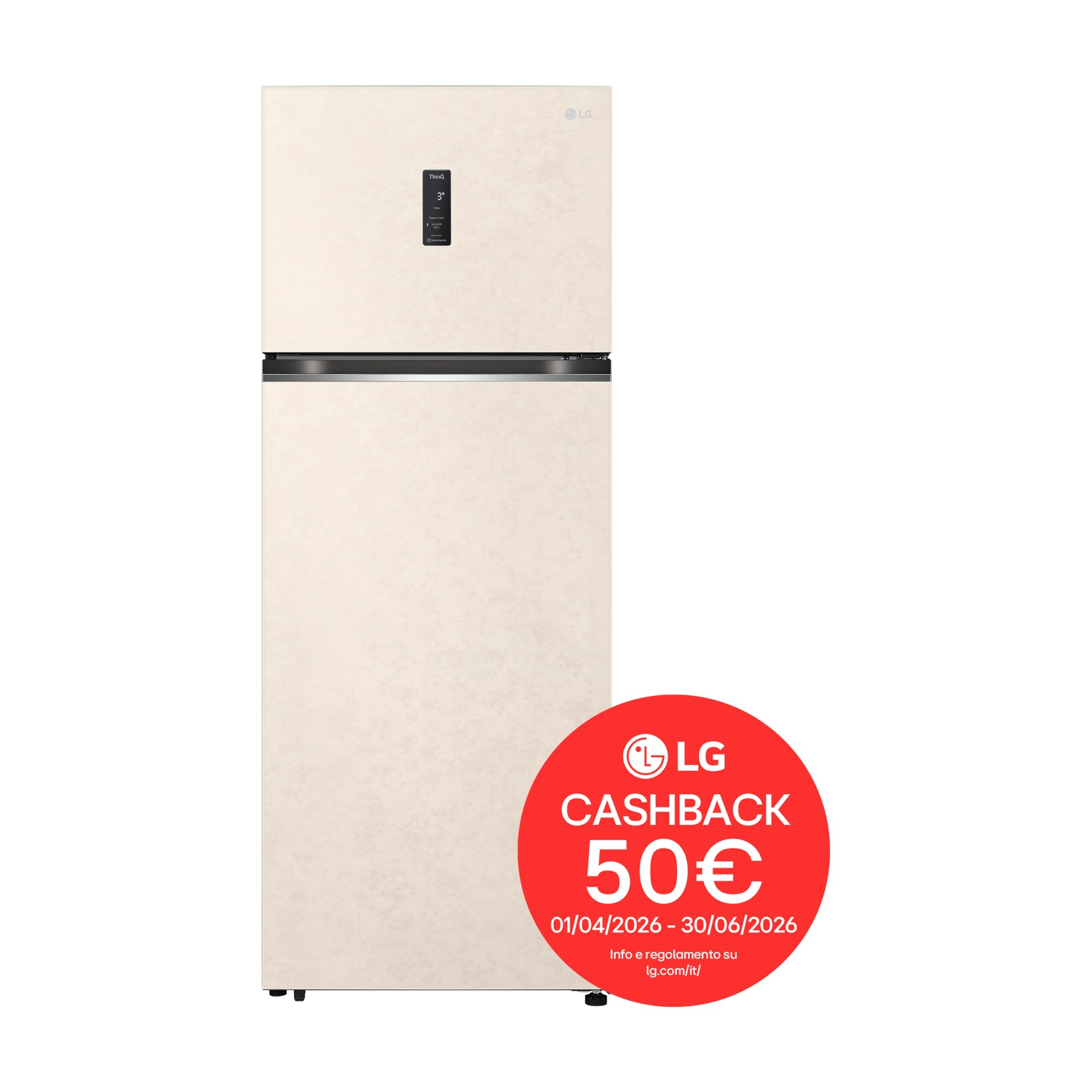 Un frigorifero LG color crema con congelatore superiore e un distintivo rosso cashback.