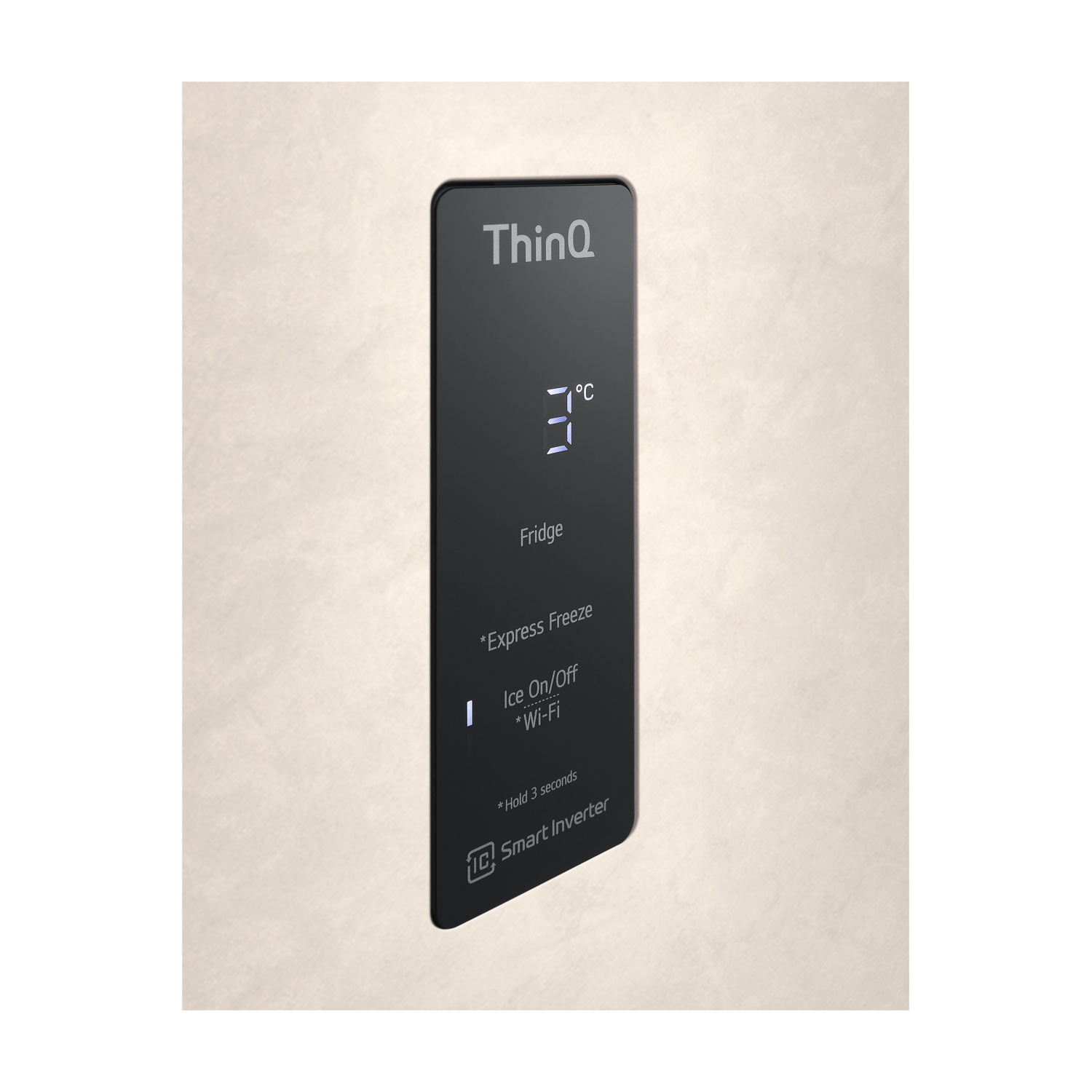 Display frigo LG ThinQ mostra 3°C, Congelamento rapido, Ghiaccio On/Off, Wi-Fi.