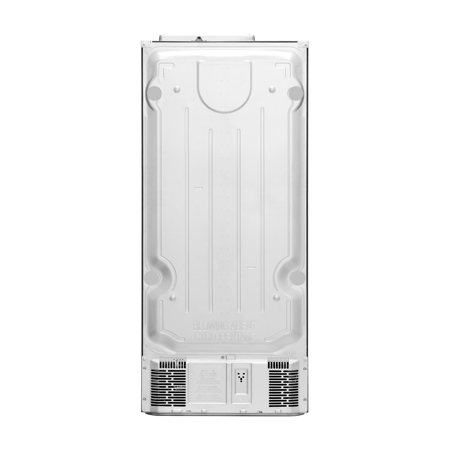 Retro di un frigorifero bianco con prese d'aria e dettagli tecnici.