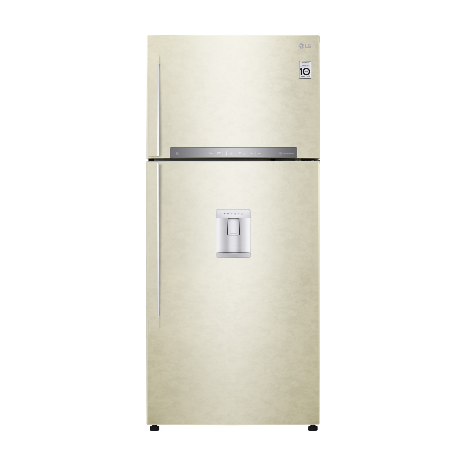 Un frigorifero LG color crema con congelatore in alto e dispenser d'acqua.