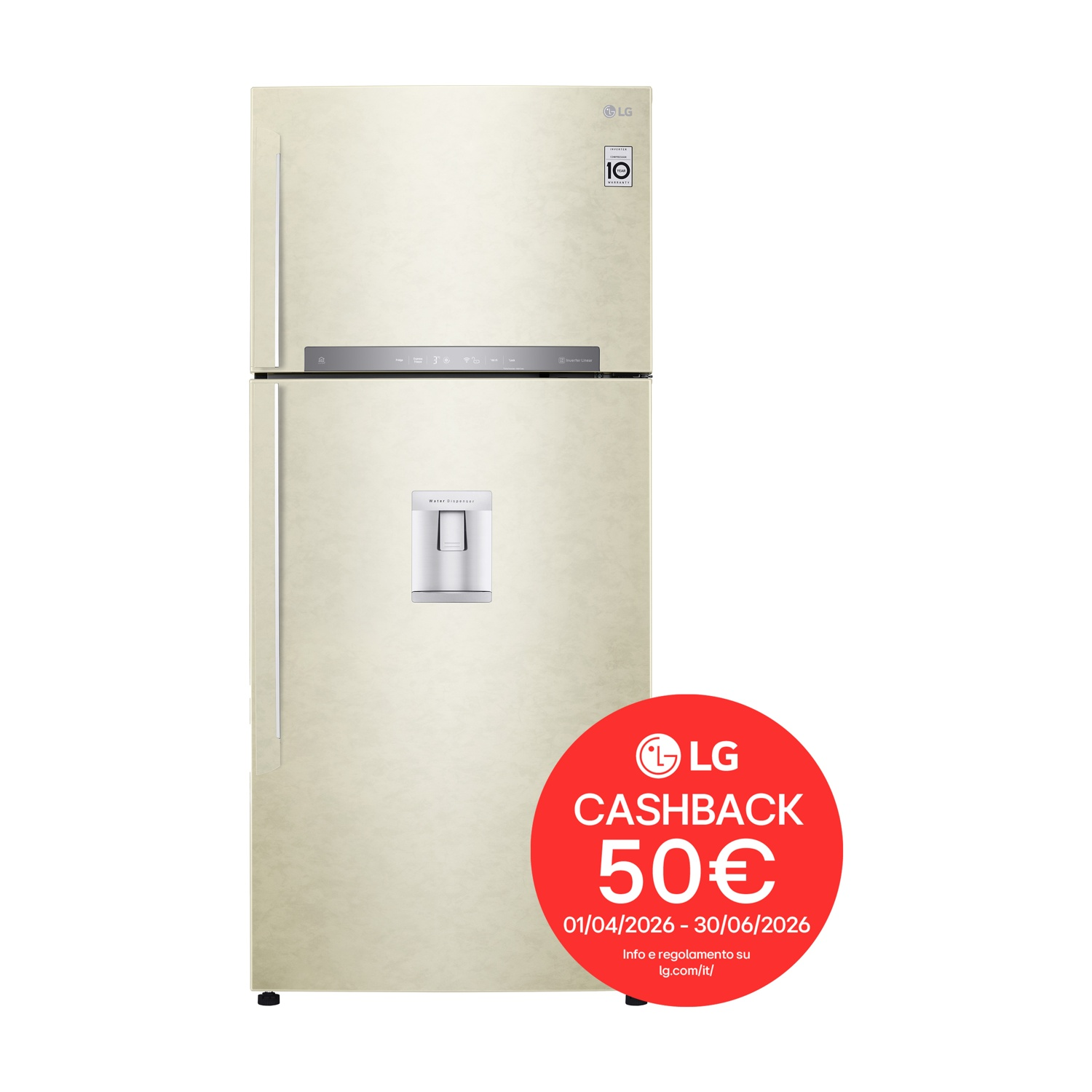 Frigorifero LG color crema con dispenser d'acqua e adesivo garanzia 10 anni.