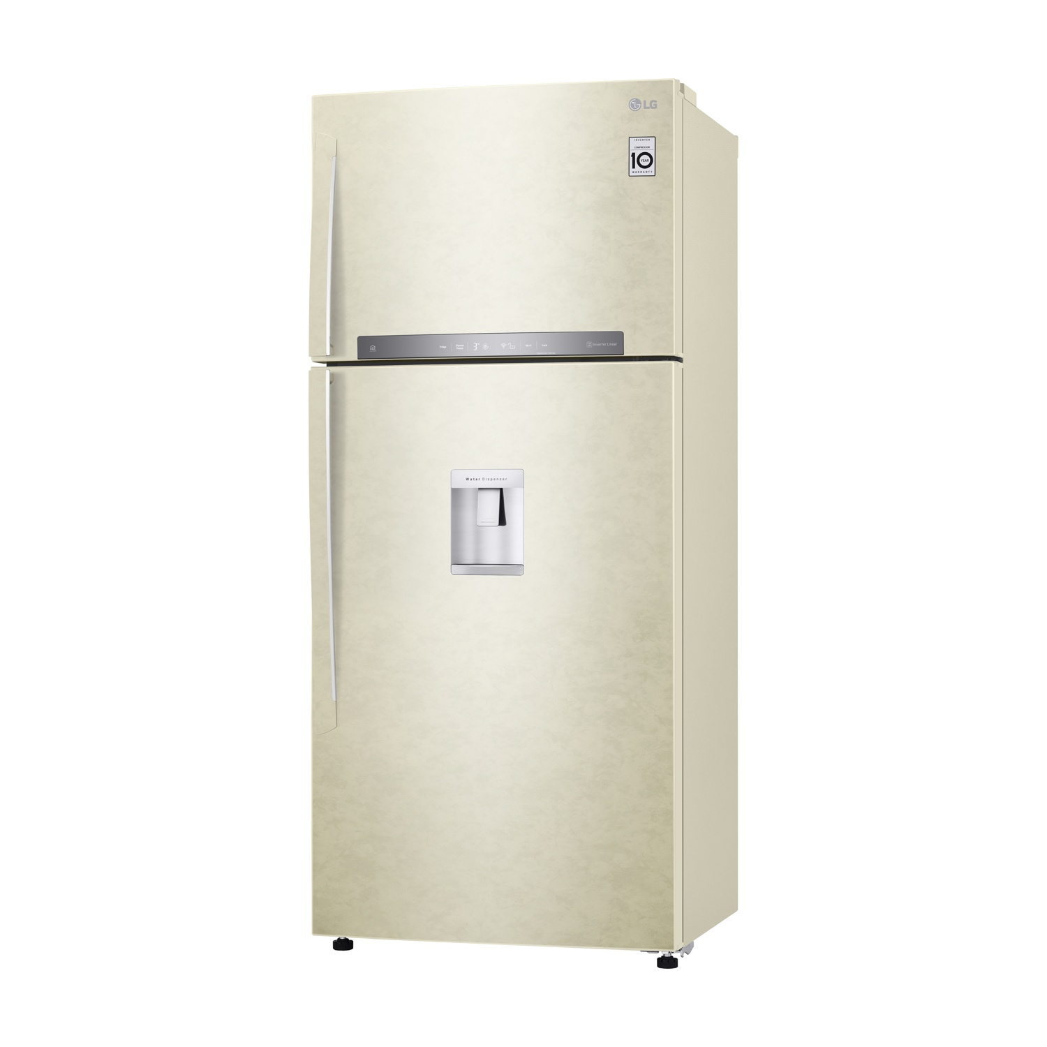 Un frigorifero LG color crema con congelatore superiore e dispenser d'acqua.