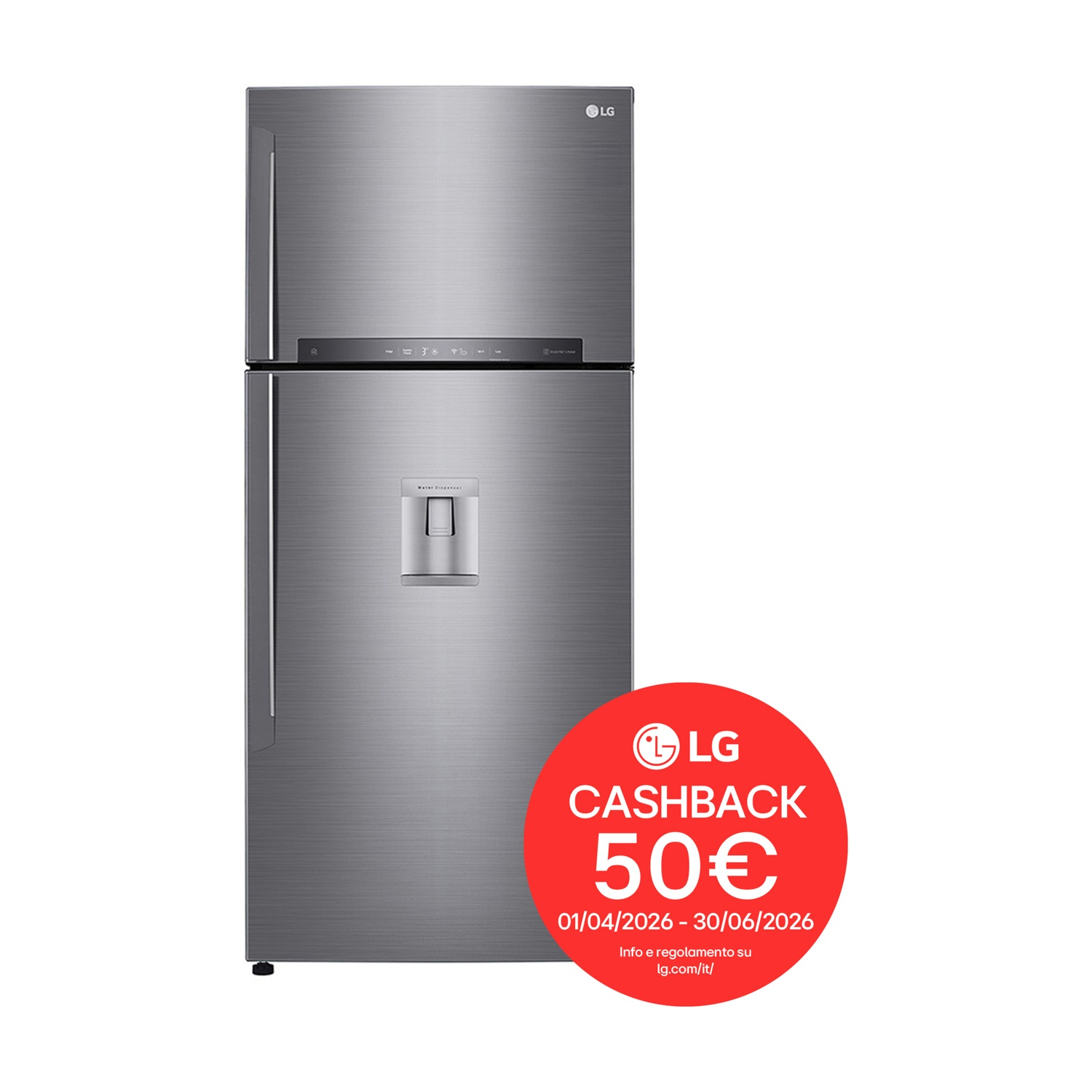 Frigorifero LG grigio con dispenser d'acqua e cerchio rosso cashback.