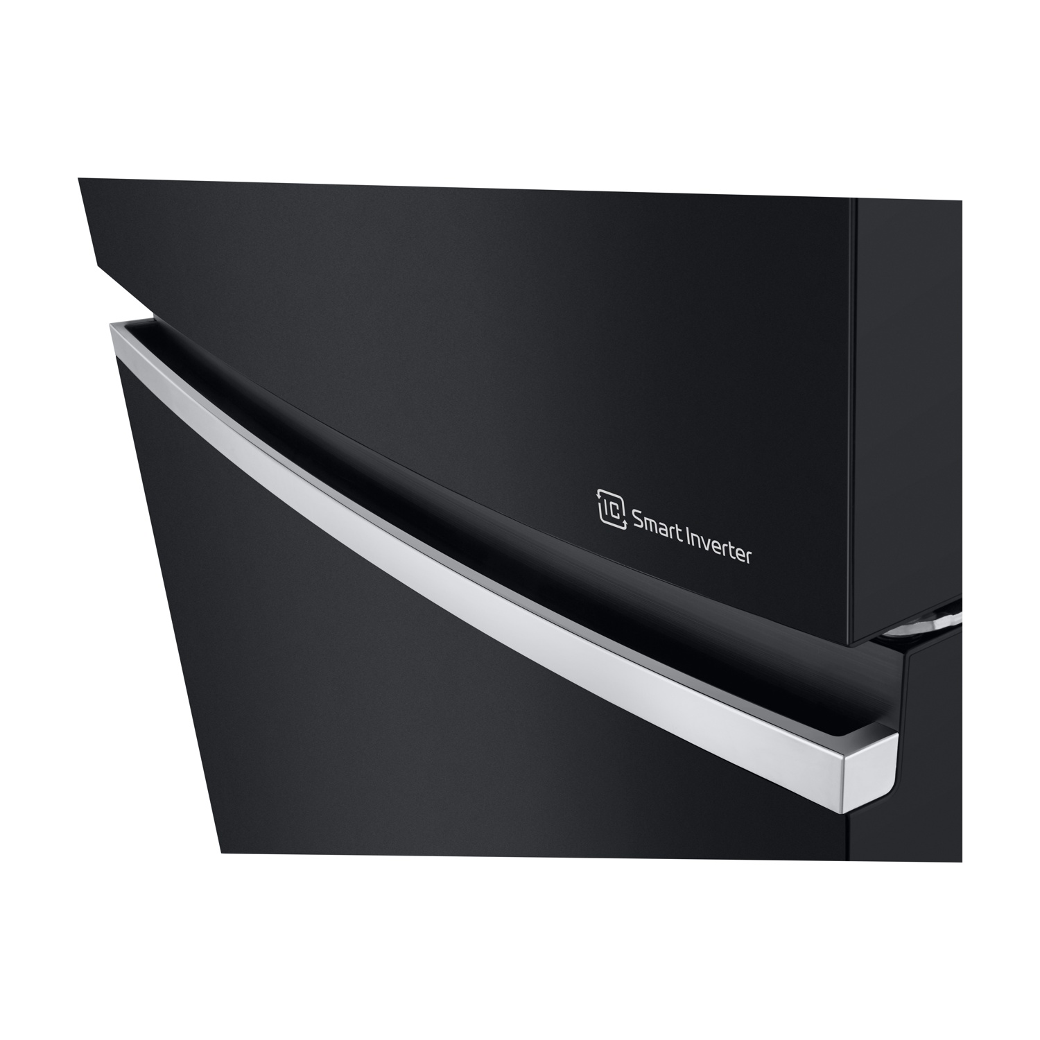 Frigorifero nero con maniglia argentata e logo "Smart Inverter".