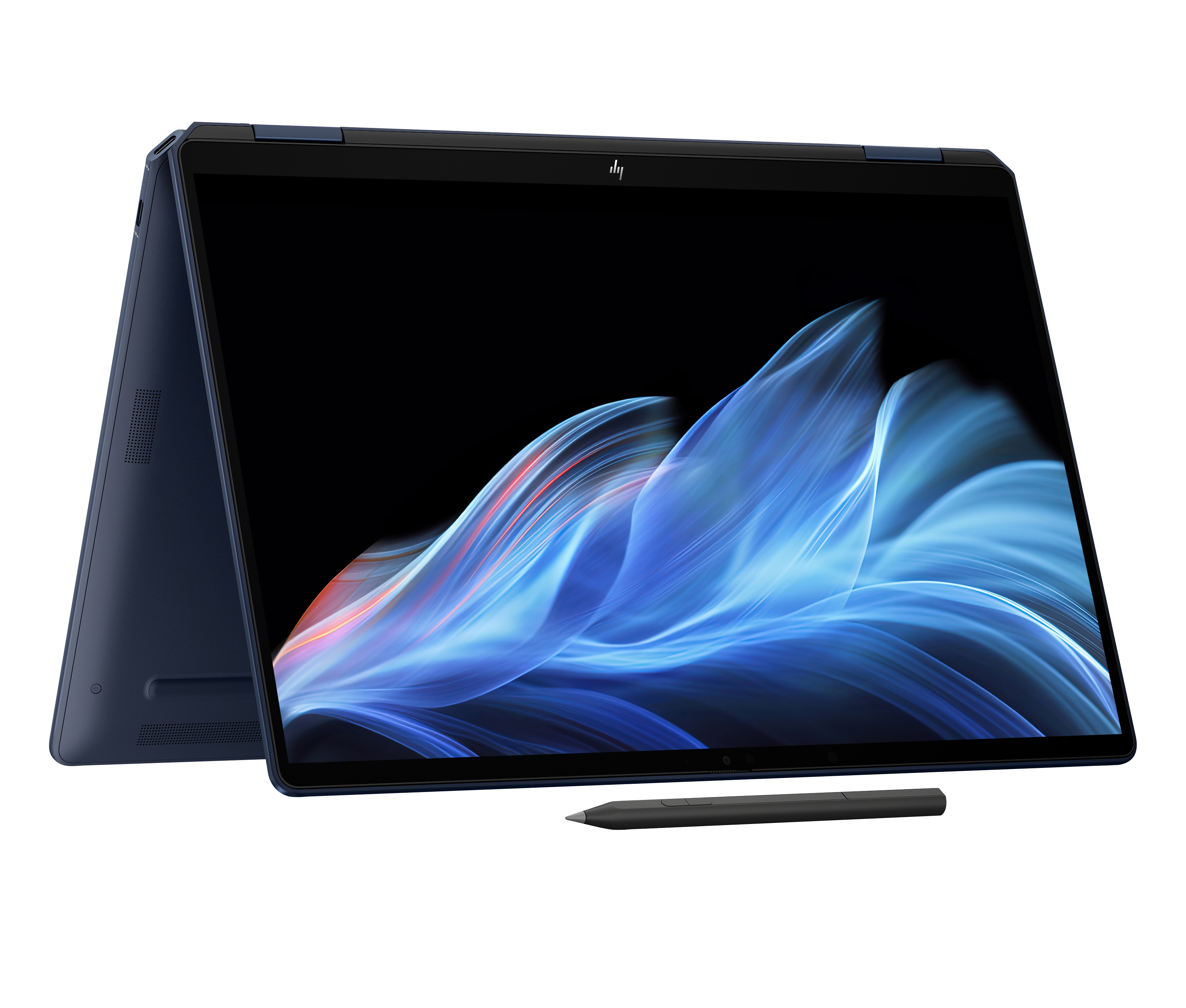 Granatowy laptop konwertowalny z rysikiem, otwarty, wyświetla abstrakcyjne niebieskie wzory.