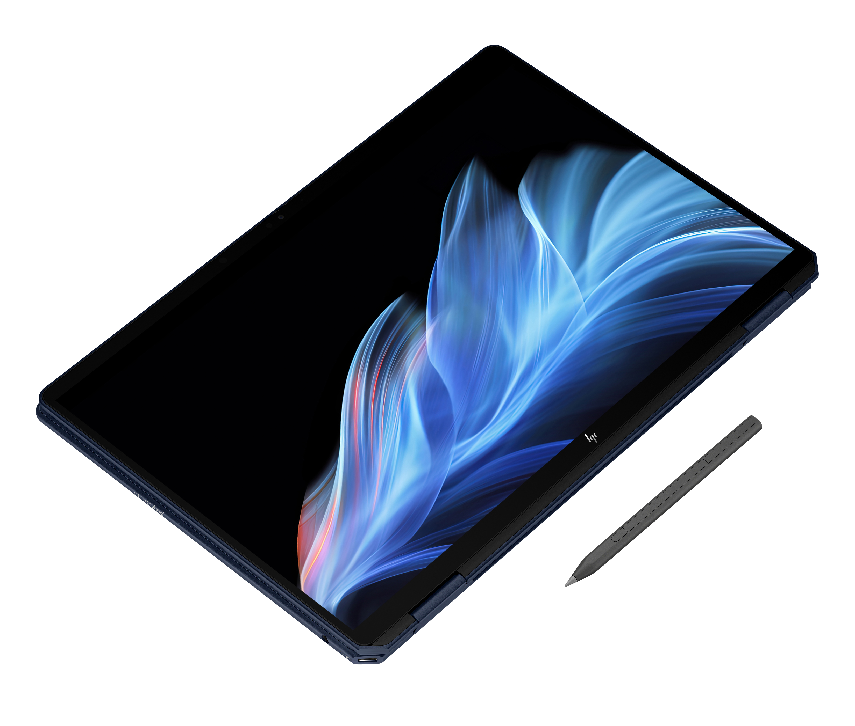 Ciemny tablet z abstrakcyjnym niebiesko-czerwonym wzorem na ekranie, obok rysik.