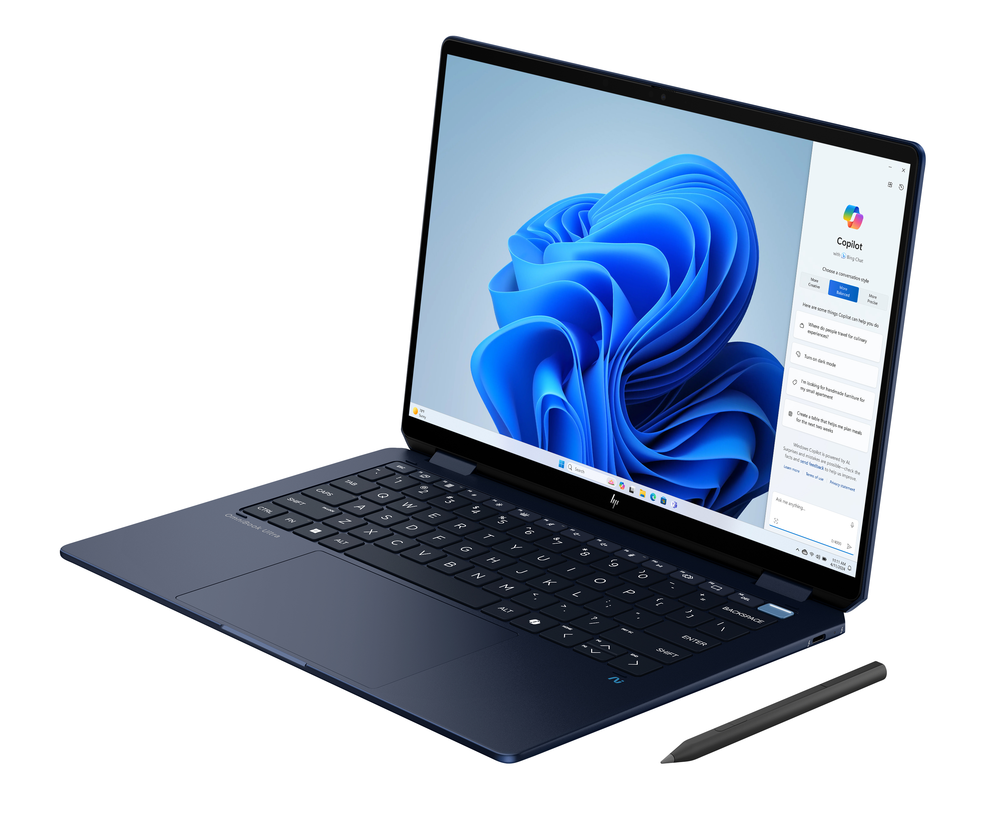 Ciemnoniebieski laptop HP OmniBook Ultra ze stylusem leży na czarnym tle.