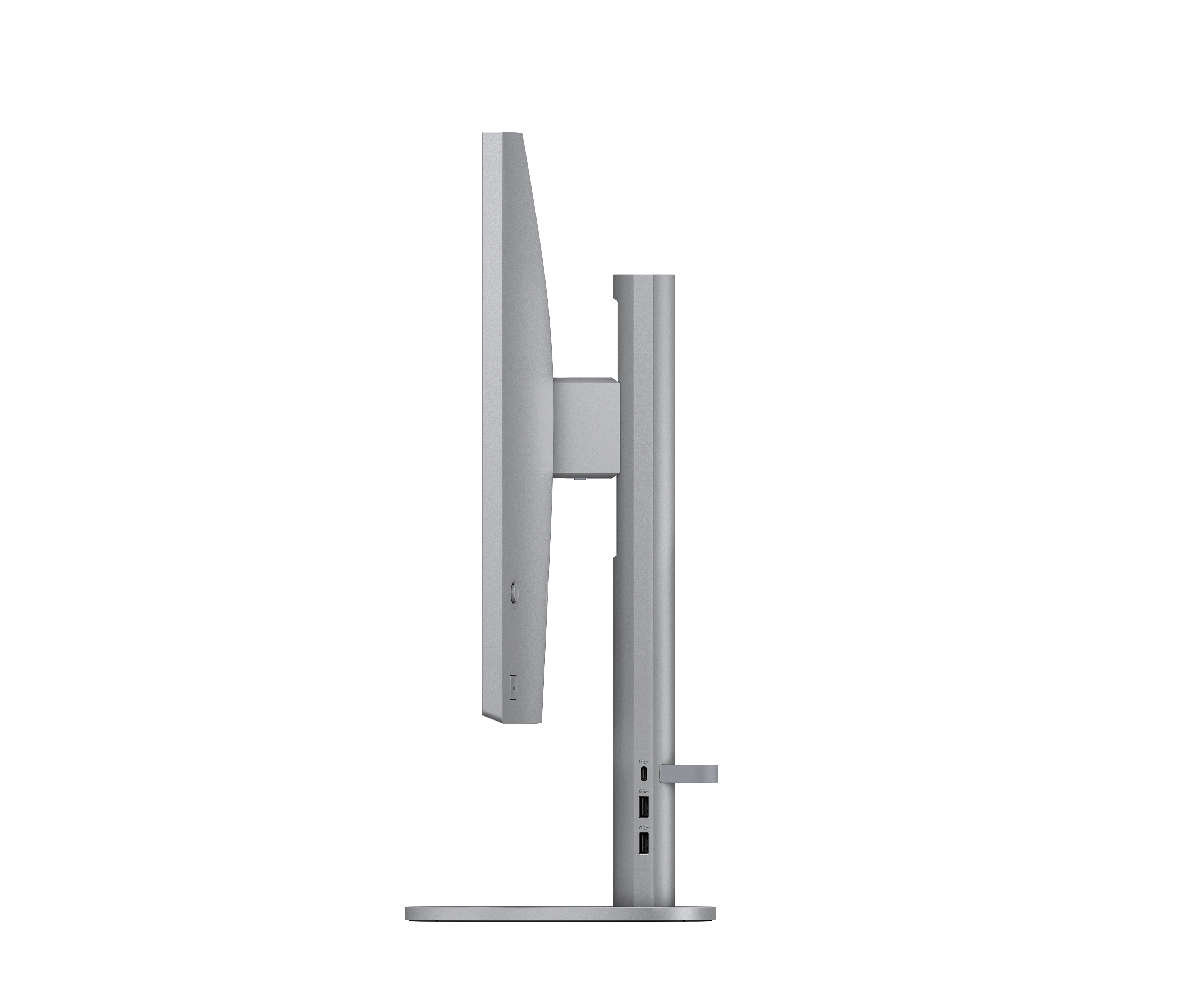 Grijze monitorstandaard met USB-poorten, van de zijkant gezien.